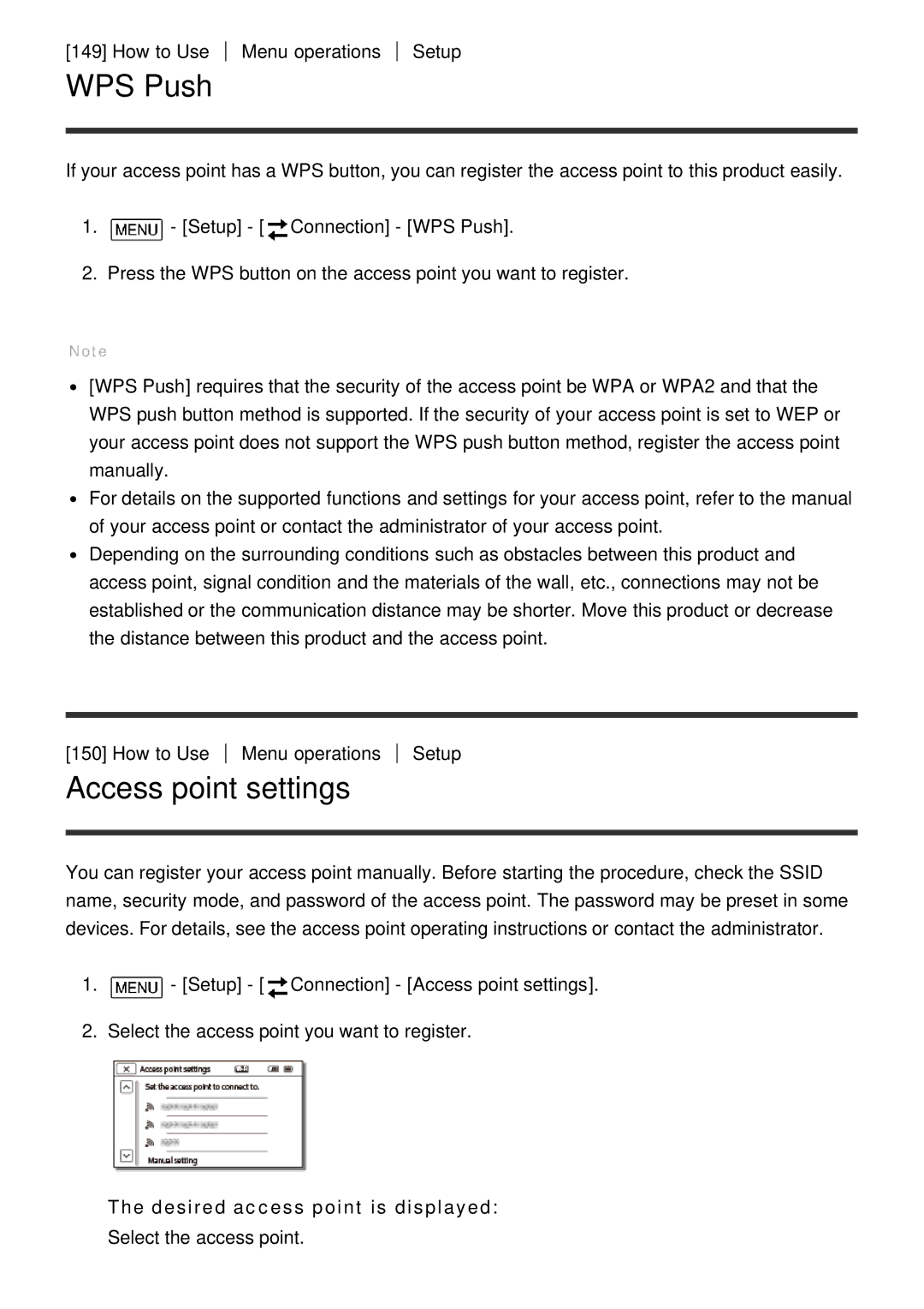 Sony HDR-CX900E, FDR-AX100E manual WPS Push, Access point settings, Desired access point is displayed 