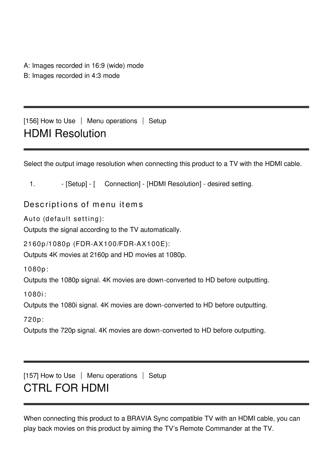 Sony HDR-CX900E manual Hdmi Resolution, 2160p/1080p FDR-AX100/FDR-AX100E, 1080i, 720p 