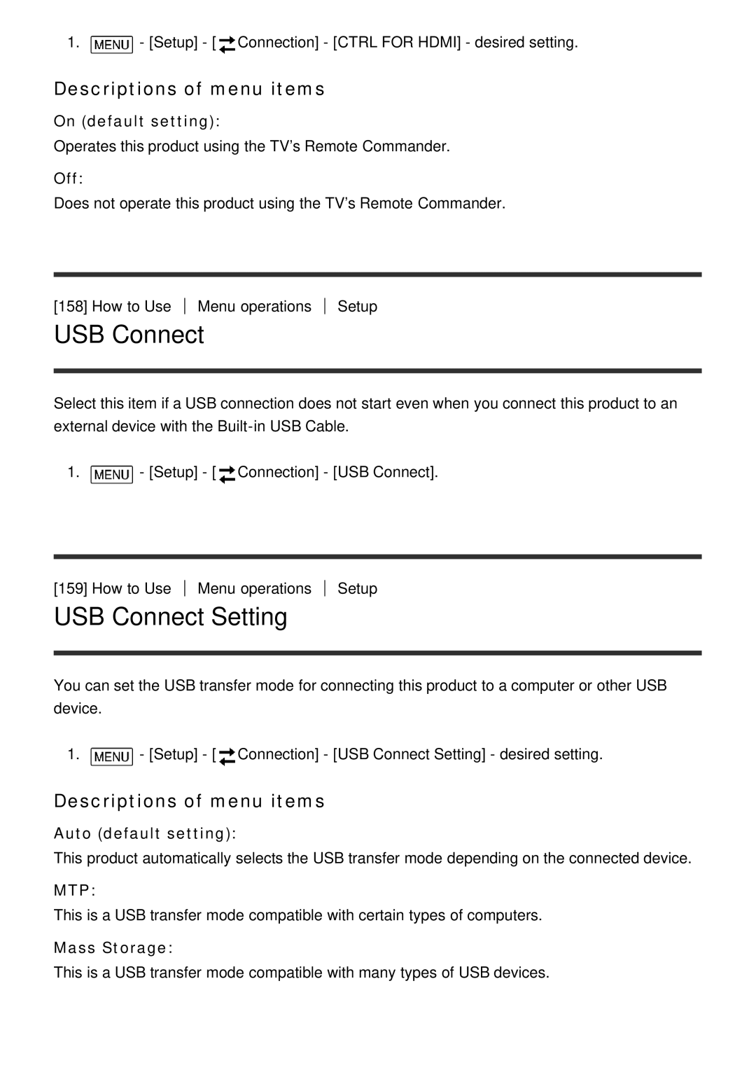 Sony FDR-AX100E, HDR-CX900E manual USB Connect Setting, Mass Storage 