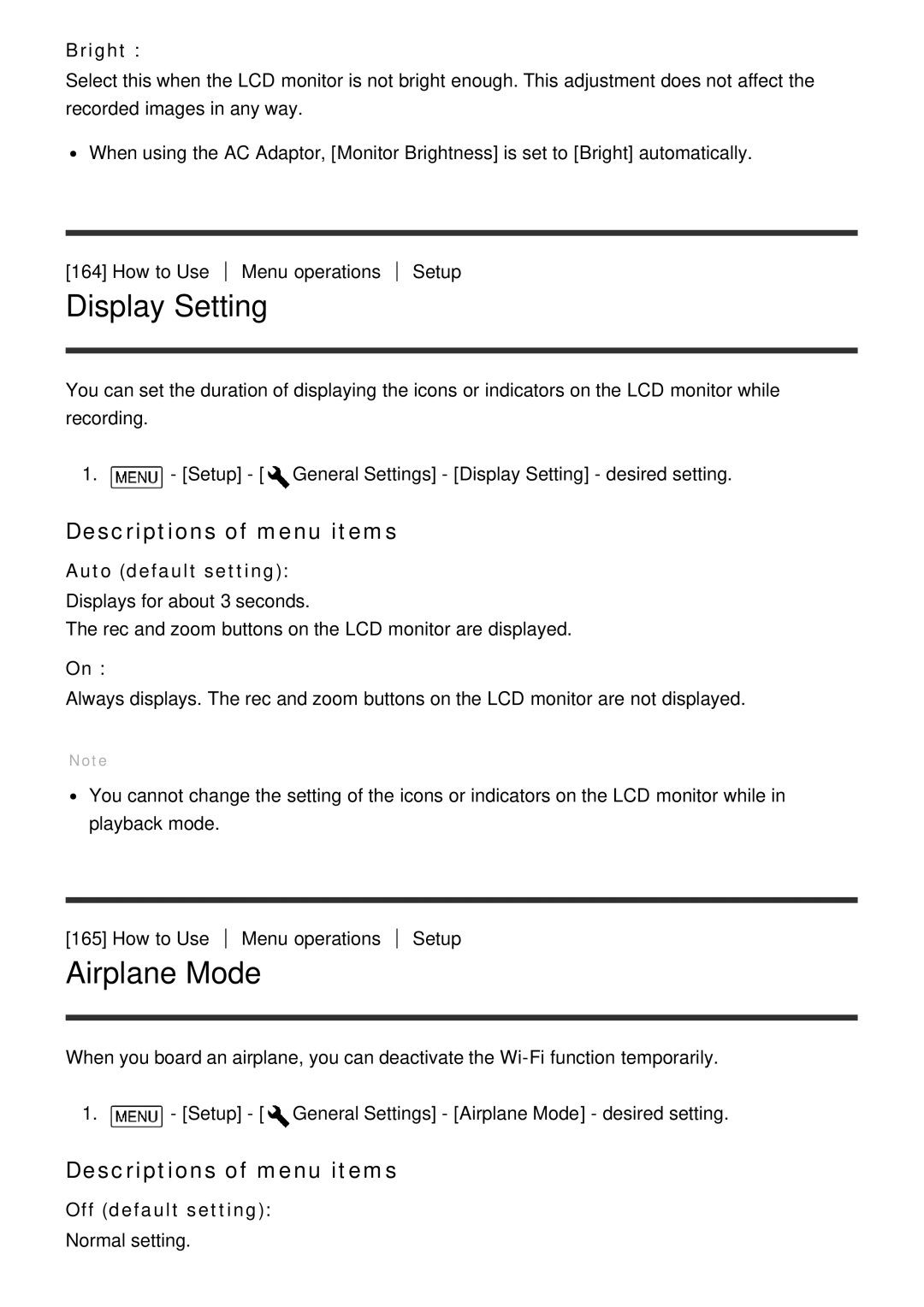 Sony HDR-CX900E, FDR-AX100E manual Display Setting, Airplane Mode, Bright 