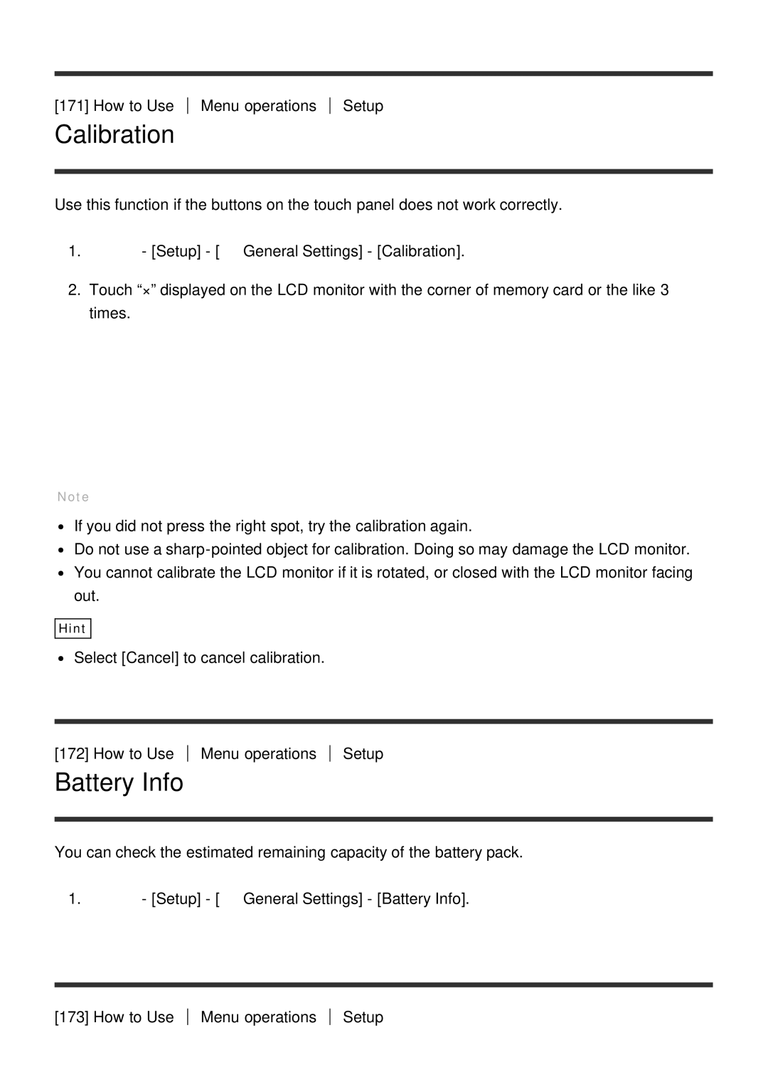 Sony HDR-CX900E, FDR-AX100E manual Calibration, Battery Info 