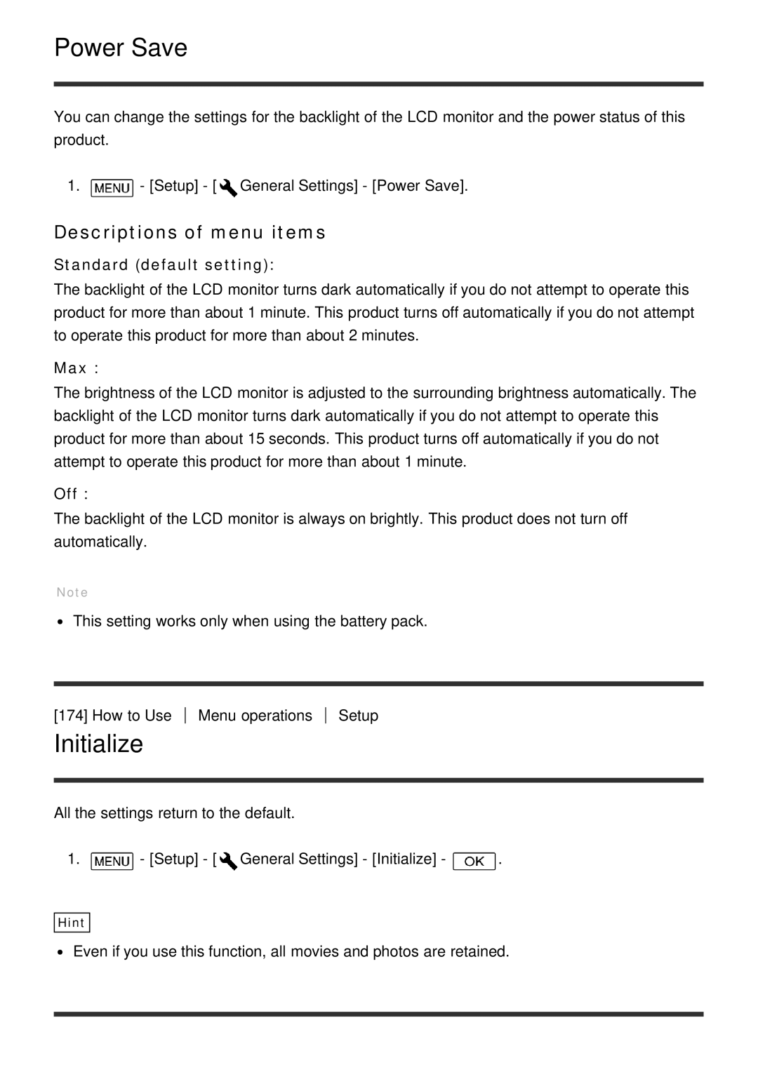 Sony HDR-CX900E, FDR-AX100E manual Power Save, Initialize, Max 