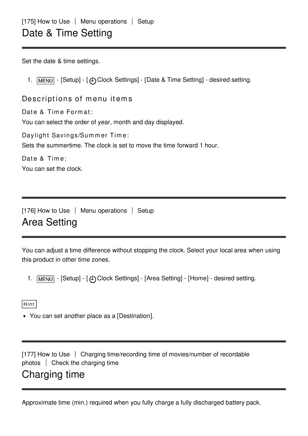 Sony FDR-AX100E, HDR-CX900E manual Date & Time Setting, Area Setting, Charging time 