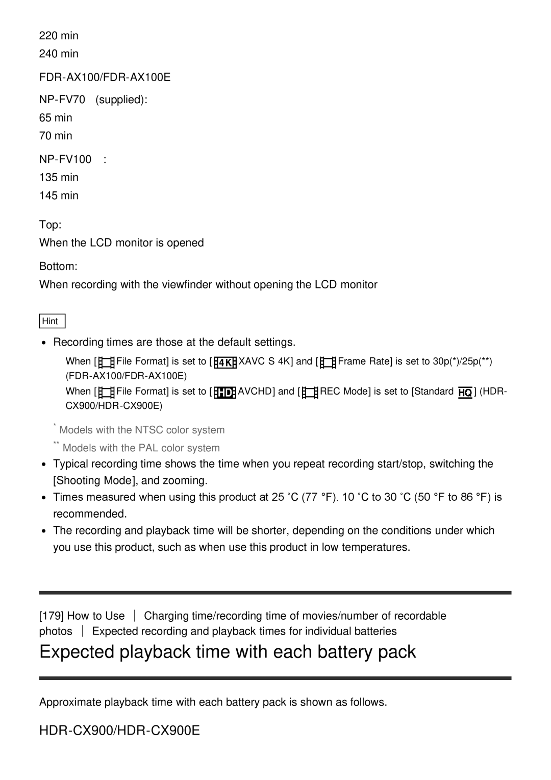 Sony HDR-CX900E, FDR-AX100E manual Expected playback time with each battery pack, Top, Bottom 