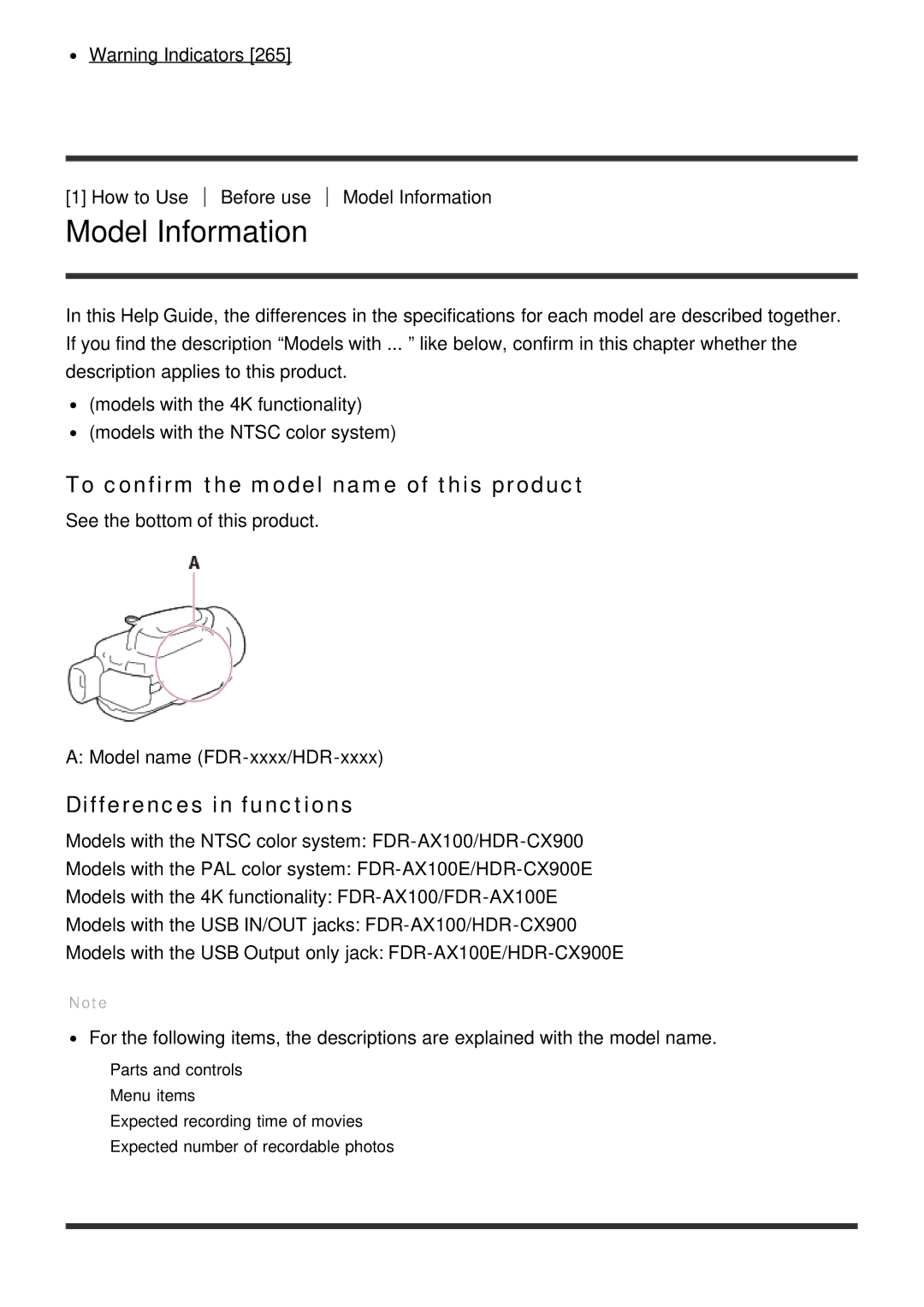 Sony FDR-AX100E, HDR-CX900 manual Model Information, To confirm the model name of this product, Differences in functions 