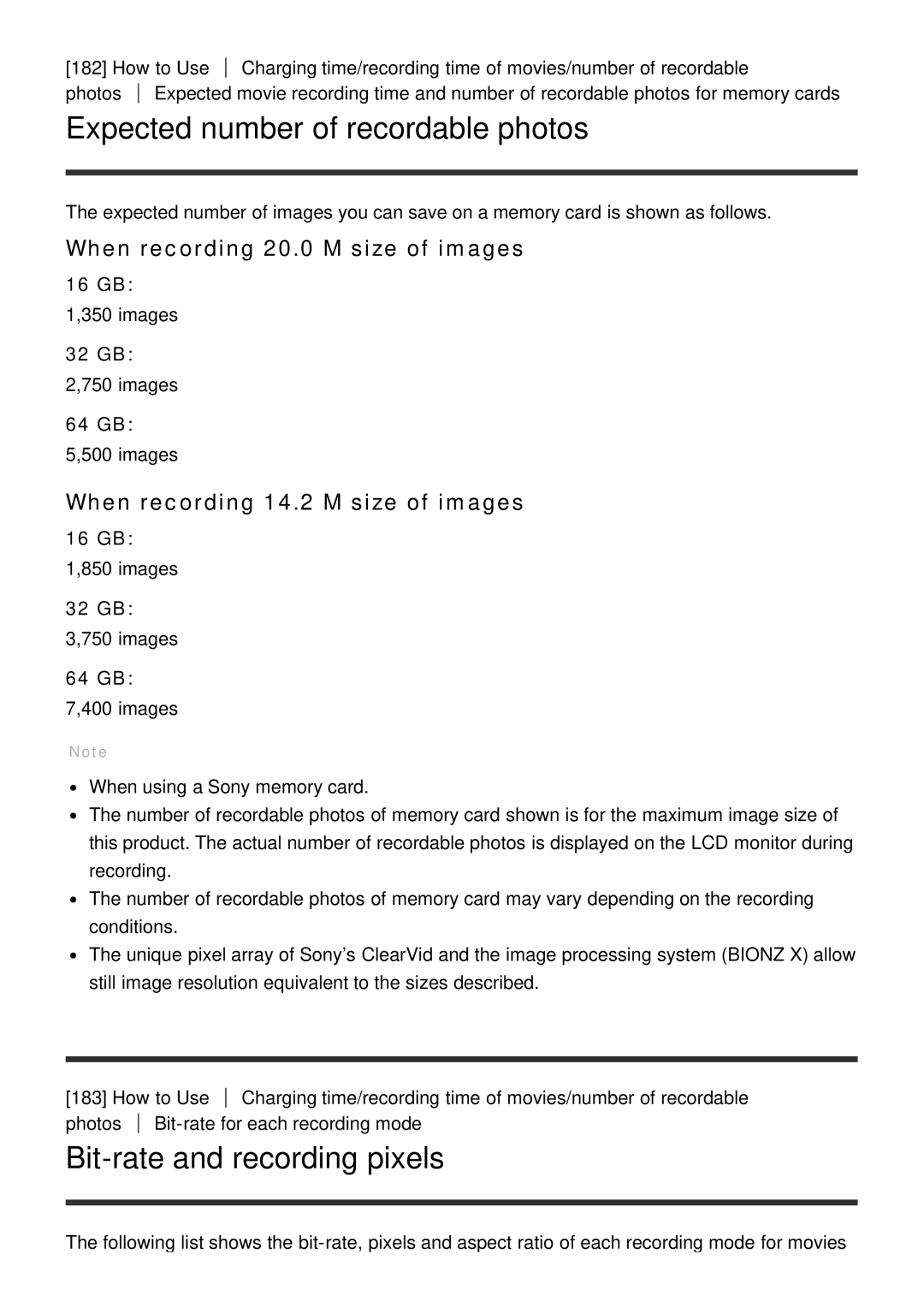 Sony FDR-AX100 Expected number of recordable photos, Bit-rate and recording pixels, When recording 20.0 M size of images 