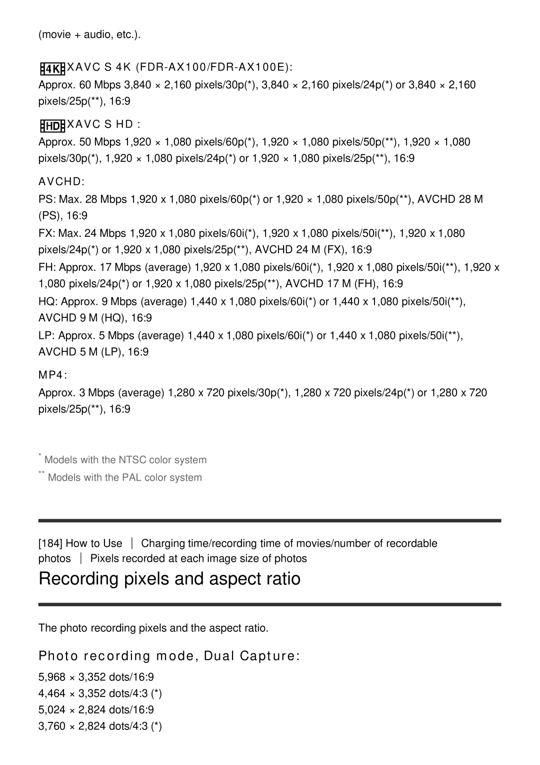 Sony FDR-AX100E, HDR-CX900E manual Recording pixels and aspect ratio, Photo recording mode, Dual Capture, MP4 