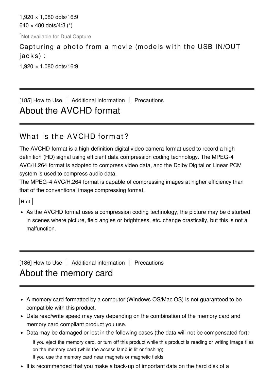 Sony HDR-CX900E, FDR-AX100E manual About the Avchd format, About the memory card, What is the Avchd format? 