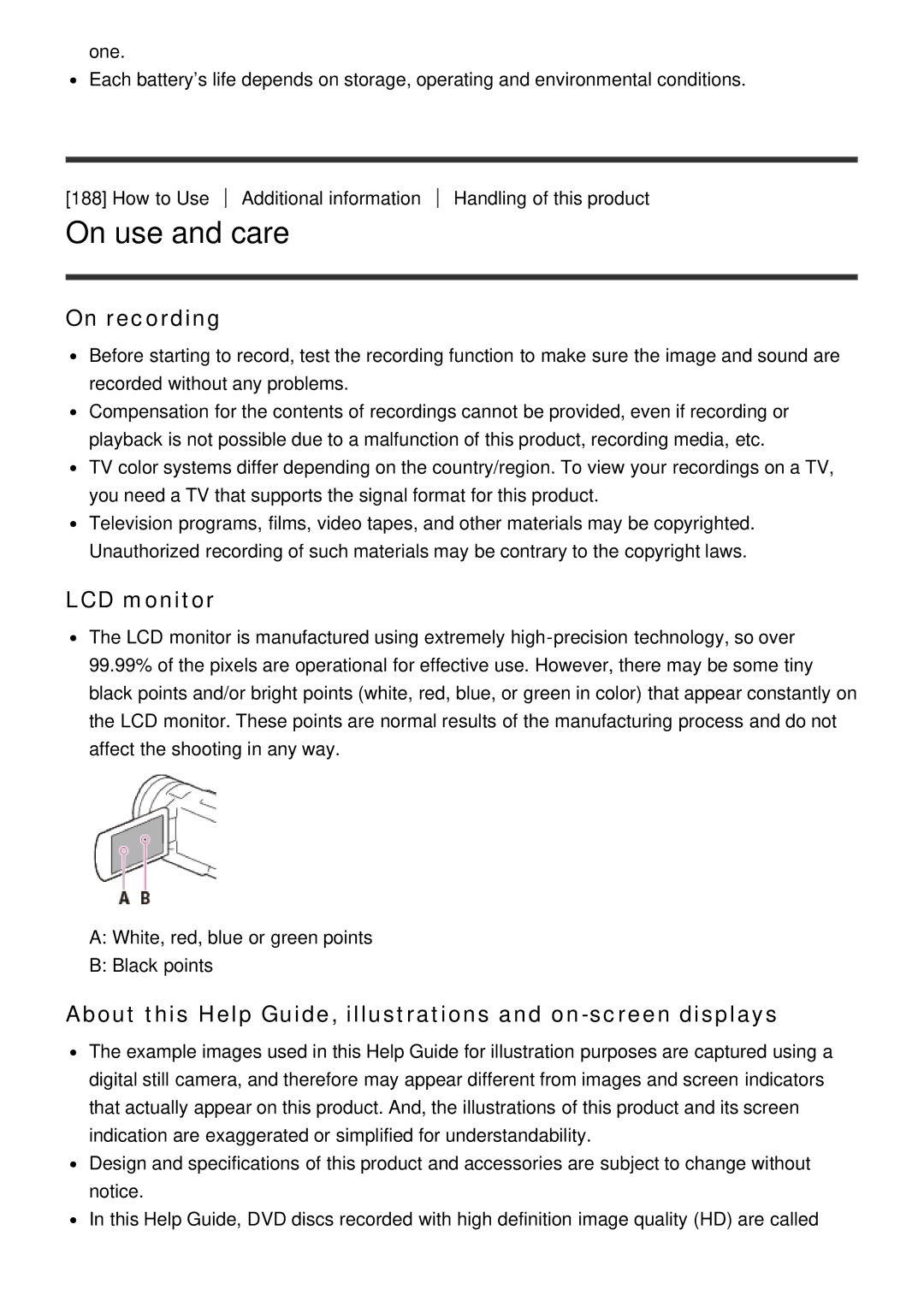 Sony HDR-CX900 On use and care, On recording, LCD monitor, About this Help Guide, illustrations and on-screen displays 