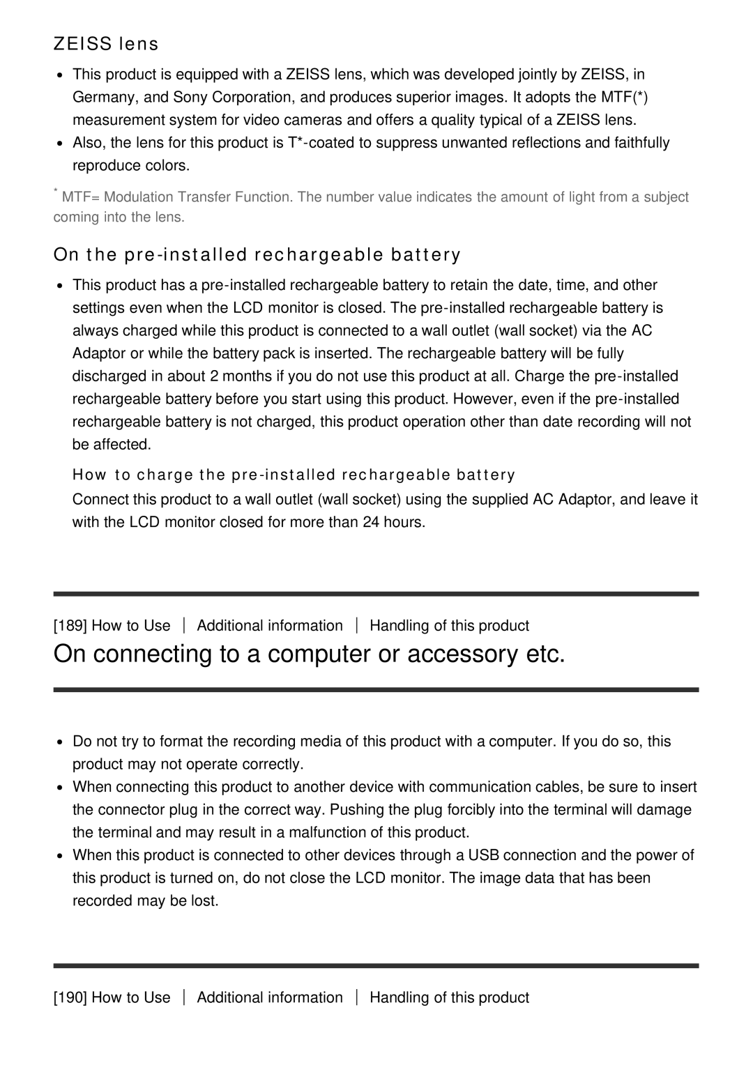 Sony FDR-AX100E manual On connecting to a computer or accessory etc, Zeiss lens, On the pre-installed rechargeable battery 