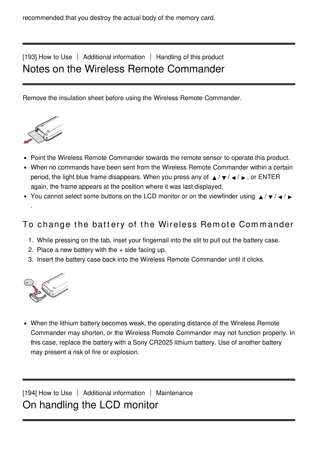 Sony HDR-CX900E, FDR-AX100E manual On handling the LCD monitor, To change the battery of the Wireless Remote Commander 