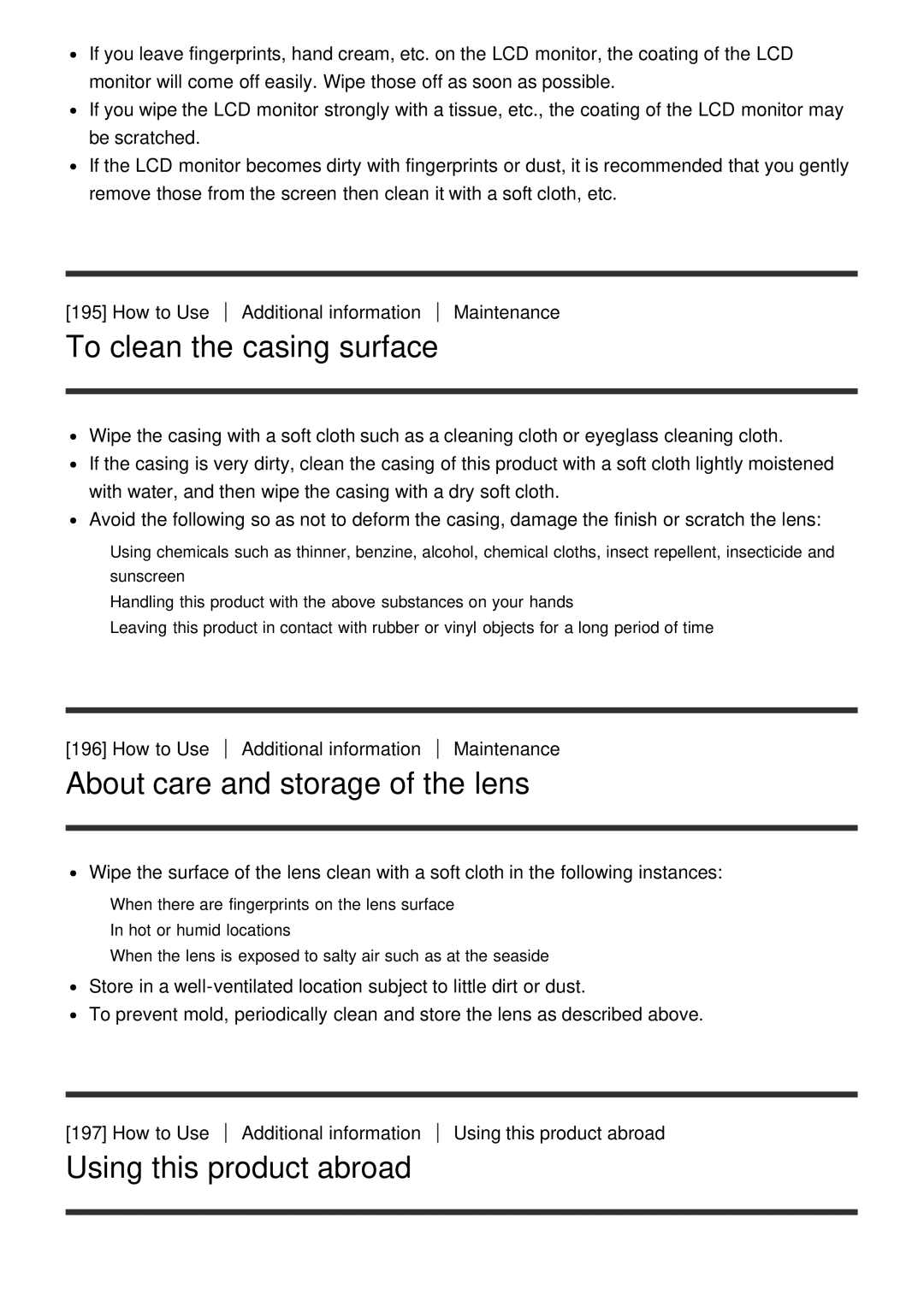 Sony FDR-AX100, HDR-CX900 manual To clean the casing surface, About care and storage of the lens, Using this product abroad 