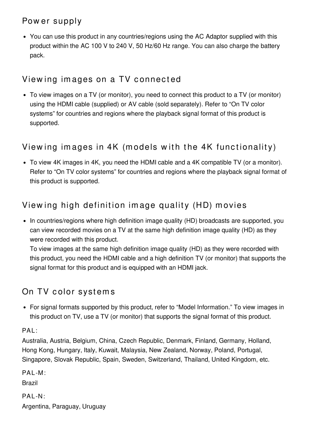 Sony FDR-AX100E Power supply, Viewing images on a TV connected, Viewing images in 4K models with the 4K functionality 