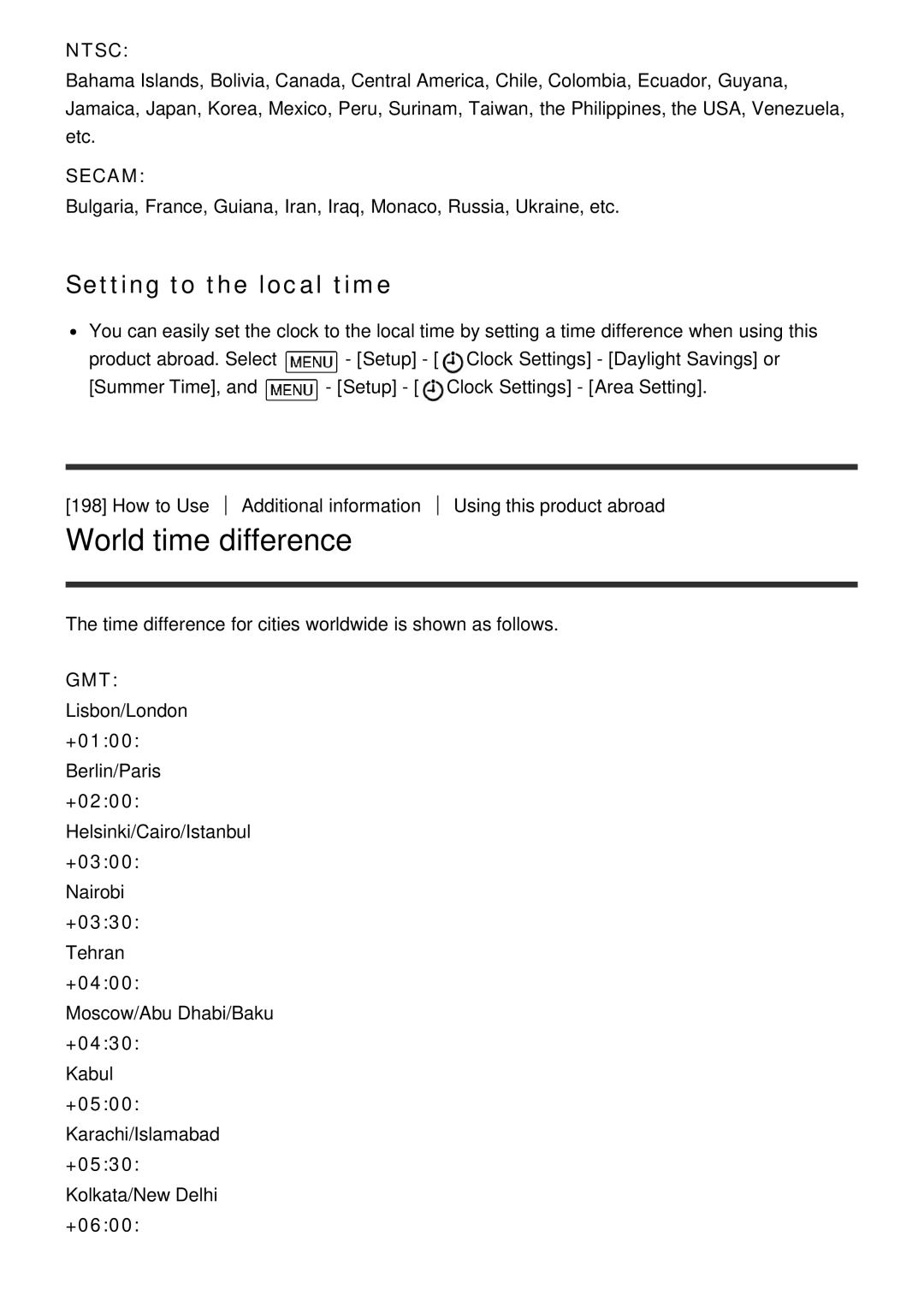 Sony HDR-CX900E, FDR-AX100E manual World time difference, Setting to the local time 