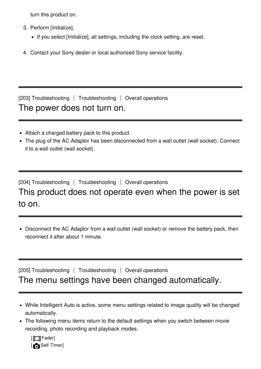 Sony HDR-CX900E, FDR-AX100E manual Power does not turn on, Menu settings have been changed automatically 