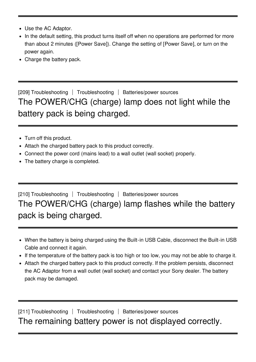 Sony FDR-AX100E, HDR-CX900E manual Remaining battery power is not displayed correctly 