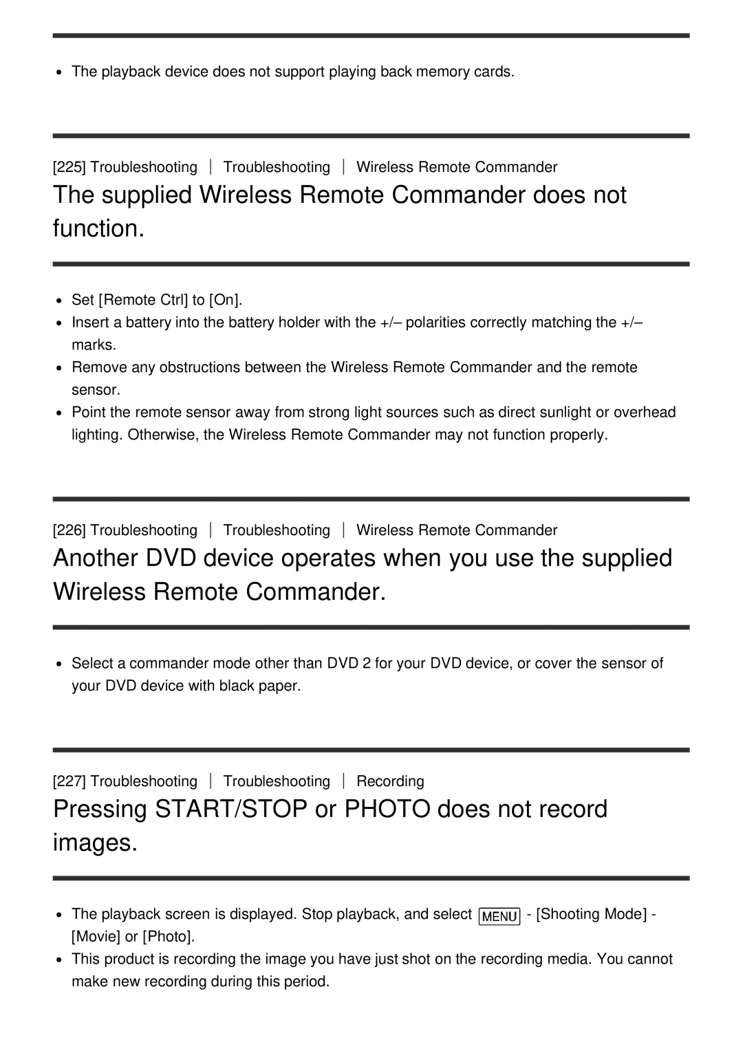 Sony FDR-AX100E Supplied Wireless Remote Commander does not function, Pressing START/STOP or Photo does not record images 