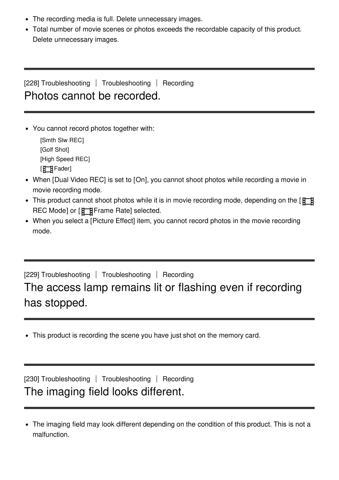 Sony HDR-CX900E, FDR-AX100E manual Photos cannot be recorded, Imaging field looks different 