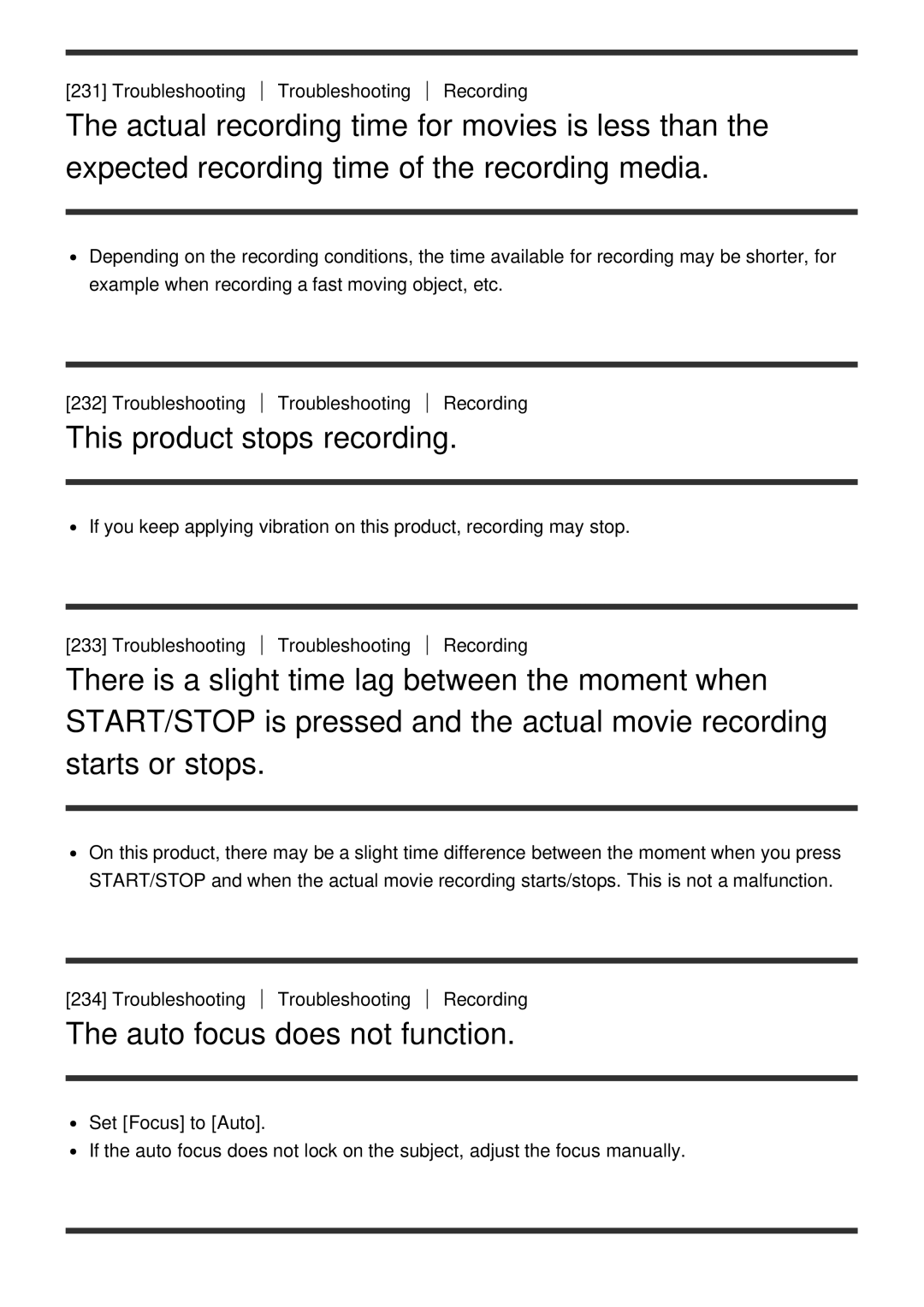 Sony HDR-CX900E, FDR-AX100E manual This product stops recording, Auto focus does not function 