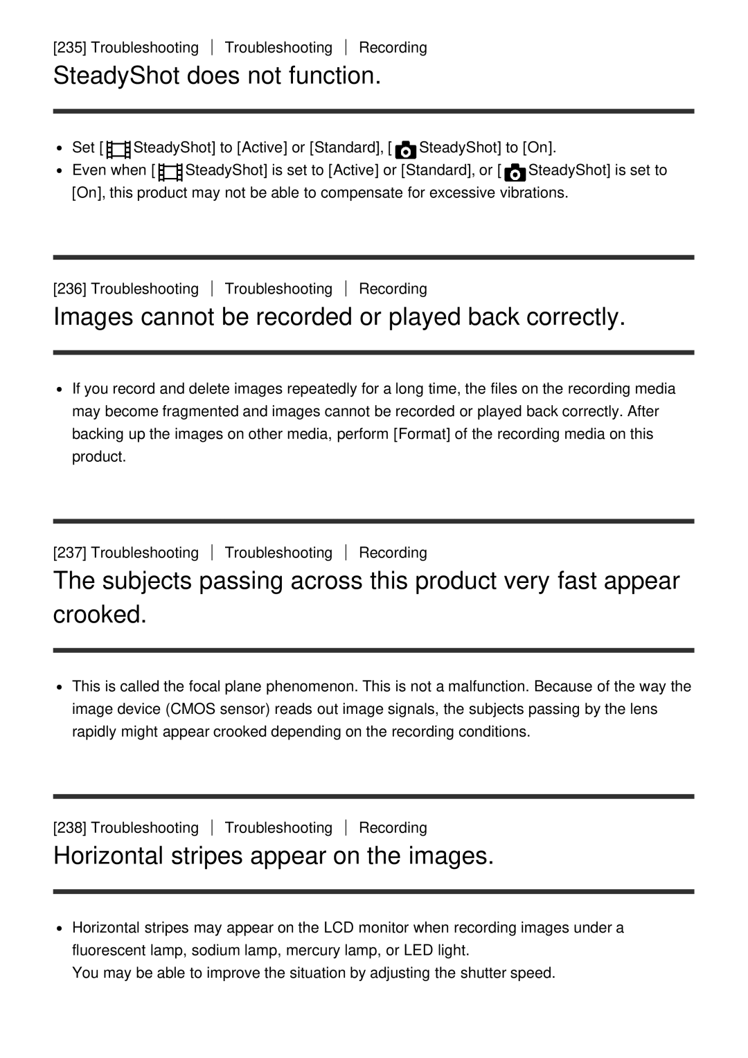 Sony HDR-CX900E, FDR-AX100E manual SteadyShot does not function, Images cannot be recorded or played back correctly 