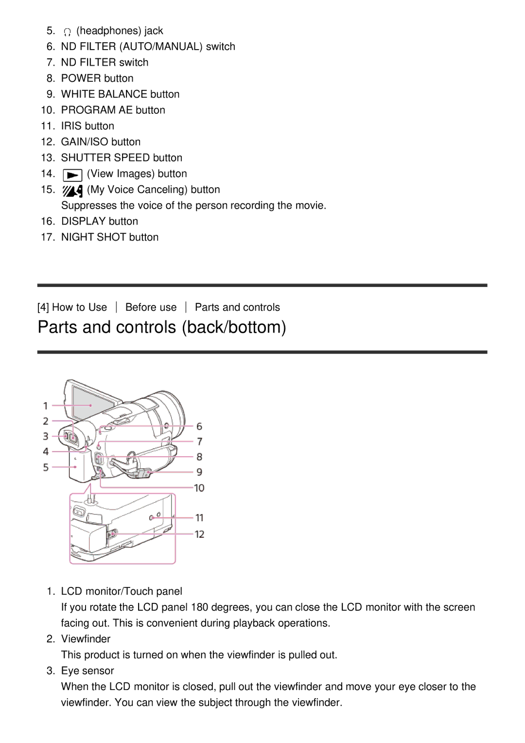 Sony HDR-CX900E, FDR-AX100E manual Parts and controls back/bottom 