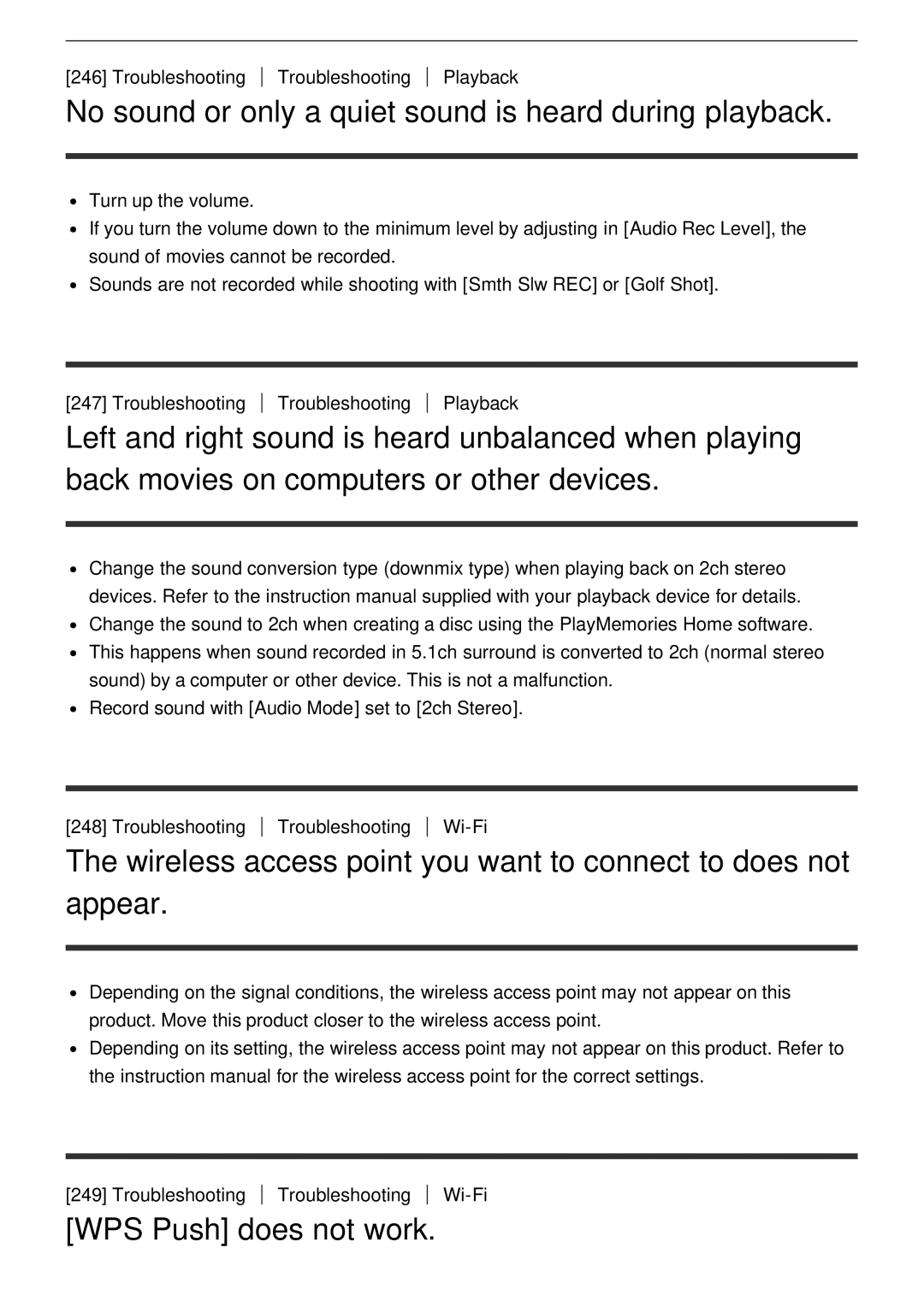 Sony HDR-CX900E, FDR-AX100E manual No sound or only a quiet sound is heard during playback, WPS Push does not work 