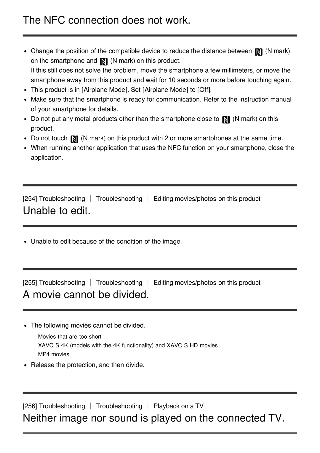 Sony FDR-AX100E, HDR-CX900E manual NFC connection does not work, Unable to edit, Movie cannot be divided 