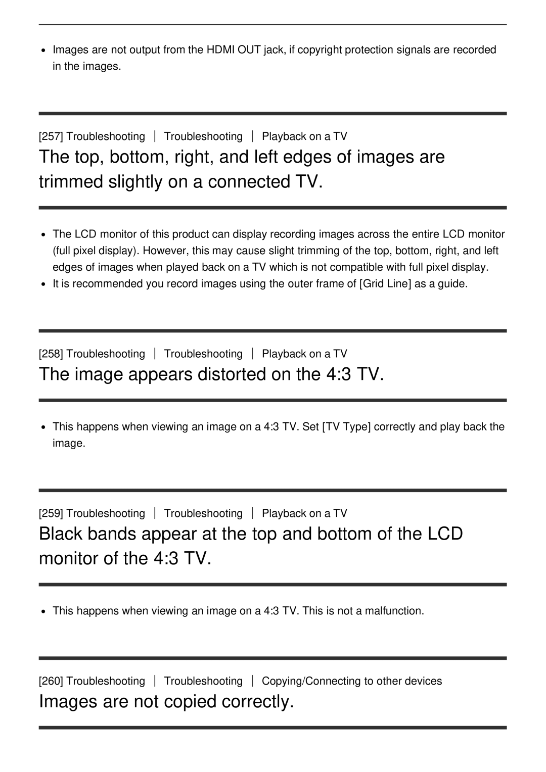 Sony HDR-CX900E, FDR-AX100E manual Image appears distorted on the 43 TV, Images are not copied correctly 