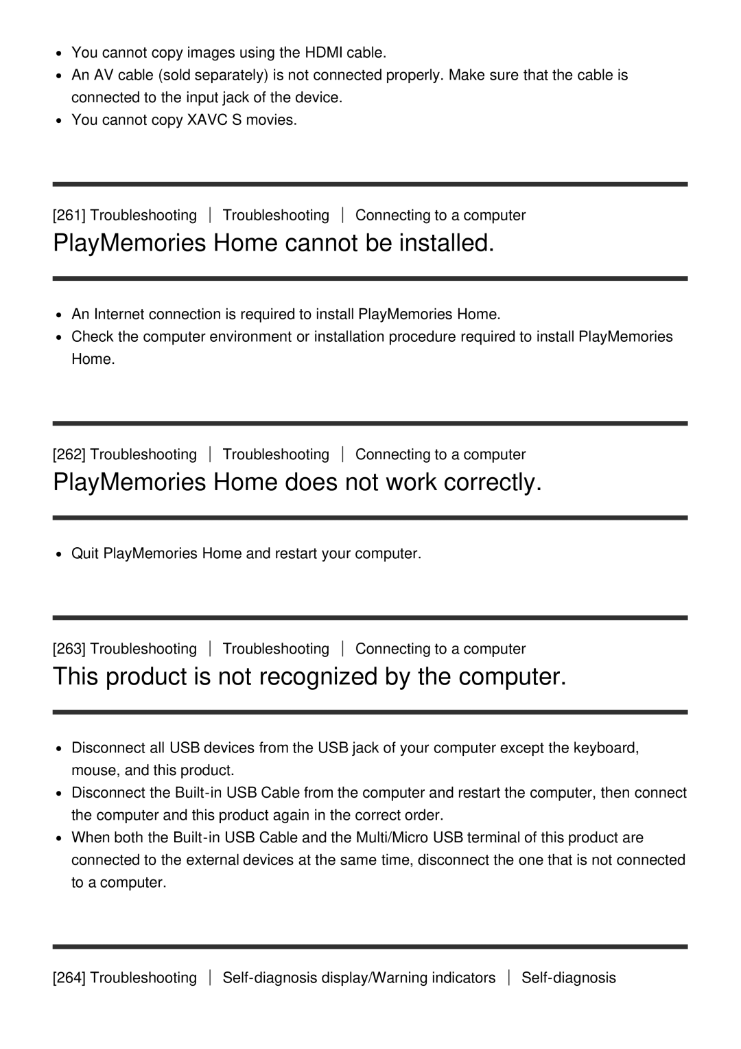 Sony HDR-CX900E, FDR-AX100E manual PlayMemories Home cannot be installed, PlayMemories Home does not work correctly 