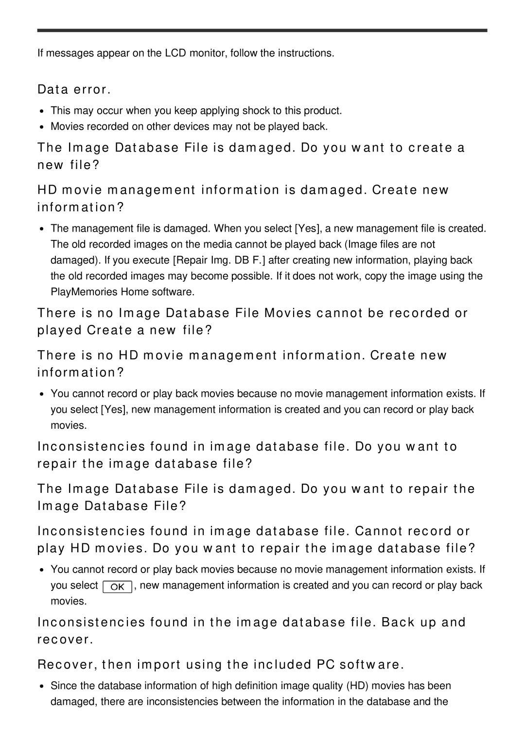 Sony HDR-CX900E, FDR-AX100E manual Data error 