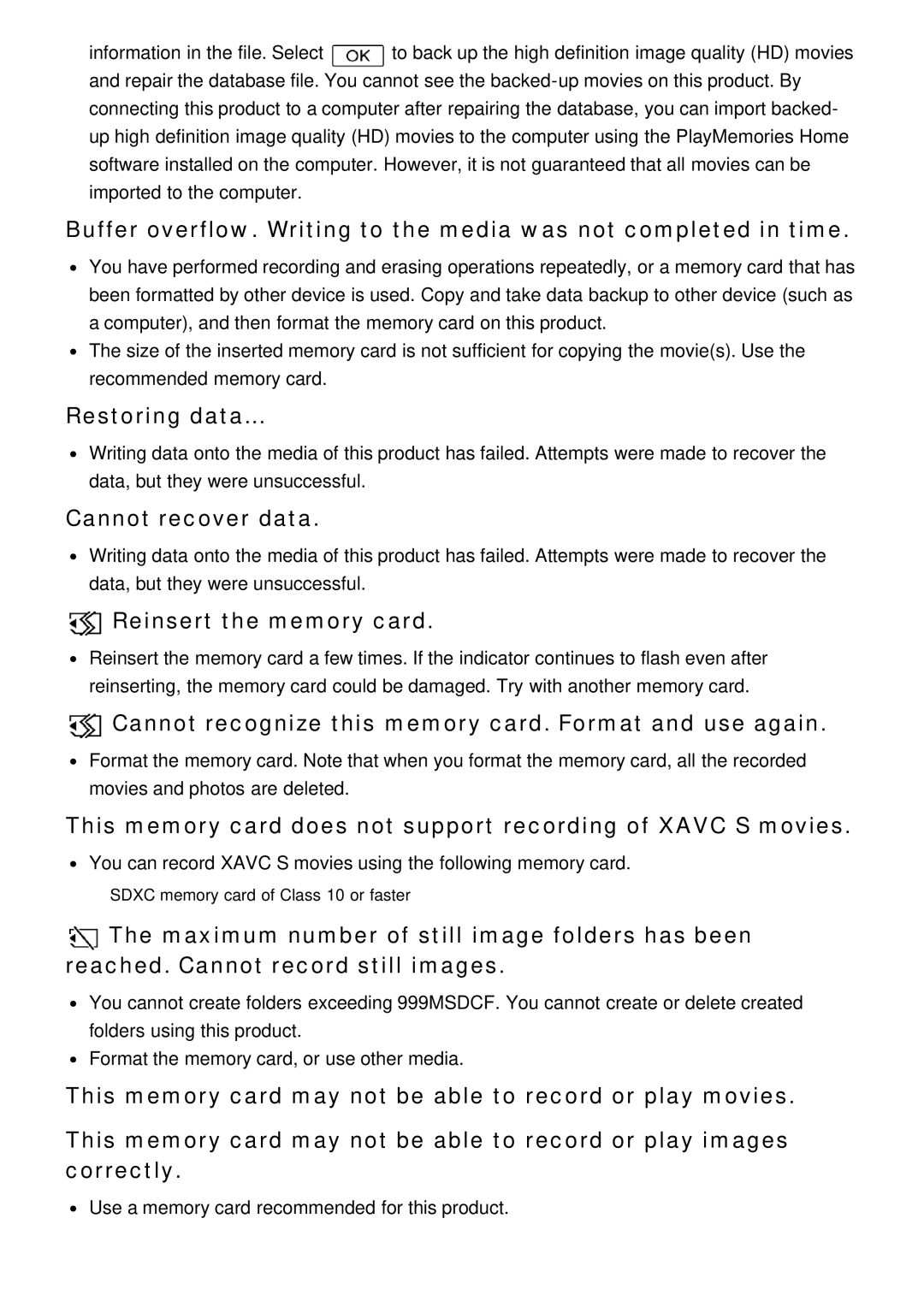 Sony HDR-CX900E, FDR-AX100E manual Restoring data, Cannot recover data, Reinsert the memory card 