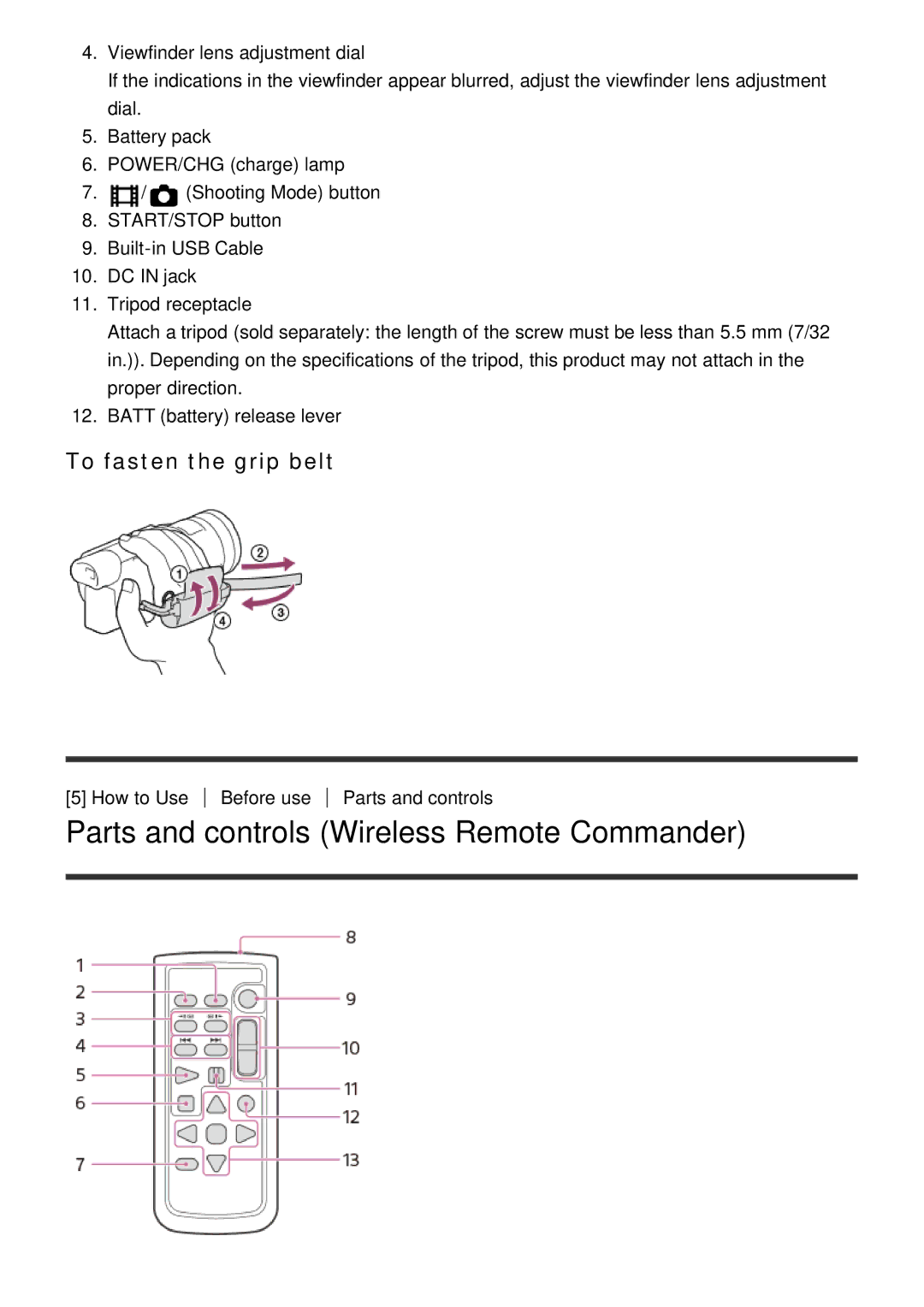 Sony FDR-AX100E, HDR-CX900E manual Parts and controls Wireless Remote Commander, To fasten the grip belt 