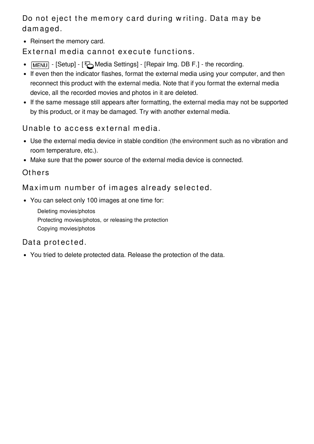 Sony FDR-AX100, HDR-CX900 manual External media cannot execute functions, Unable to access external media, Data protected 