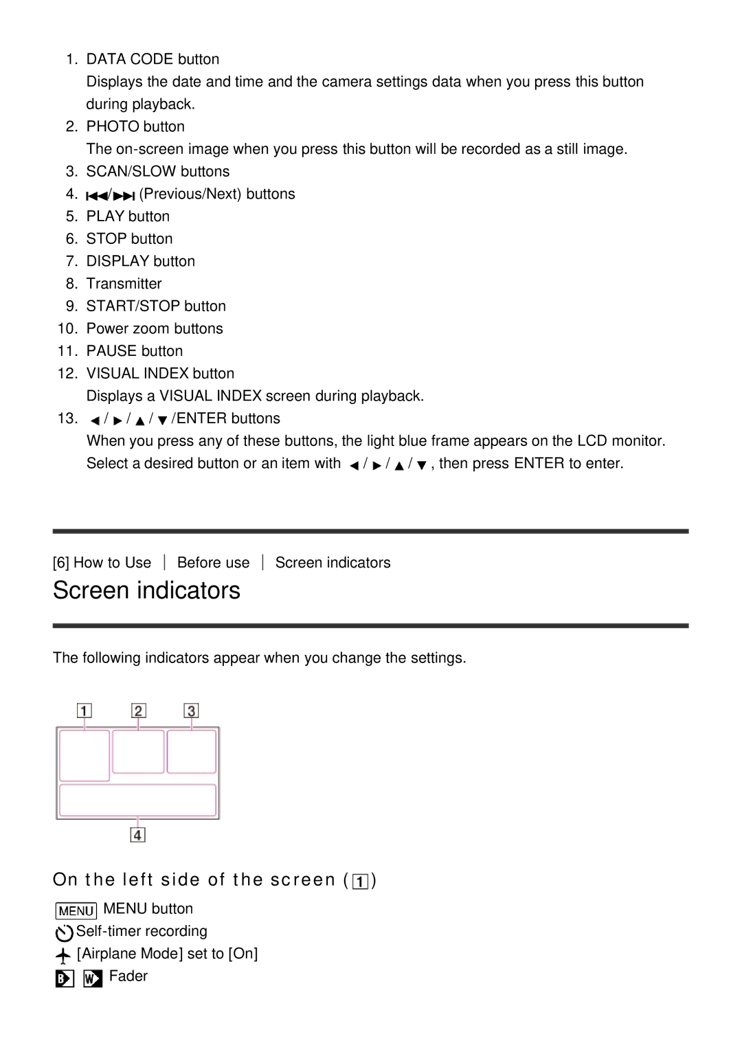 Sony HDR-CX900E, FDR-AX100E manual Screen indicators, On the left side of the screen 