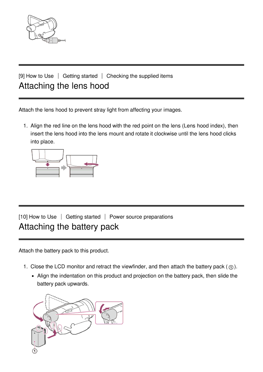 Sony HDR-CX900E, FDR-AX100E manual Attaching the lens hood, Attaching the battery pack 