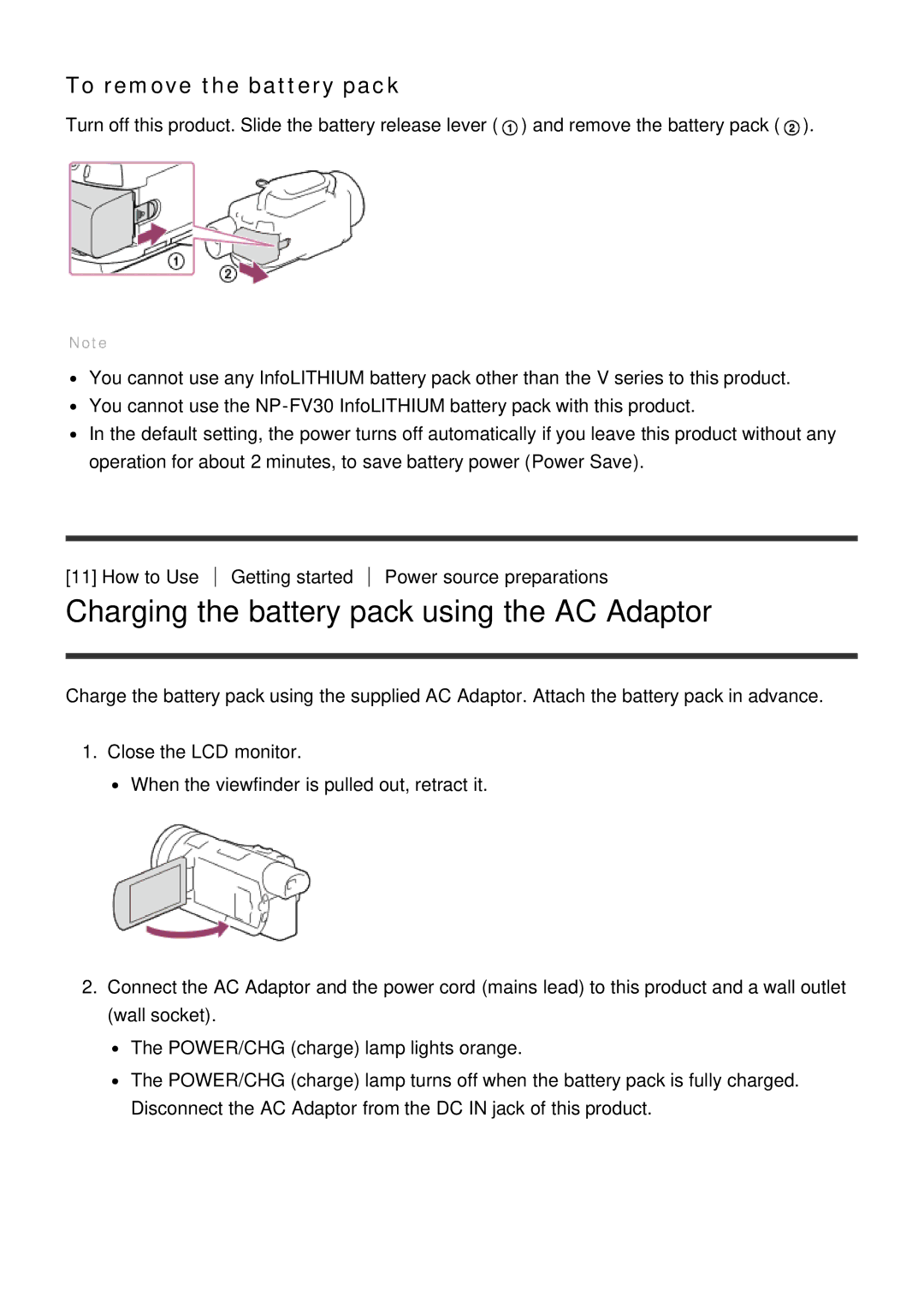 Sony HDR-CX900E, FDR-AX100E manual Charging the battery pack using the AC Adaptor, To remove the battery pack 