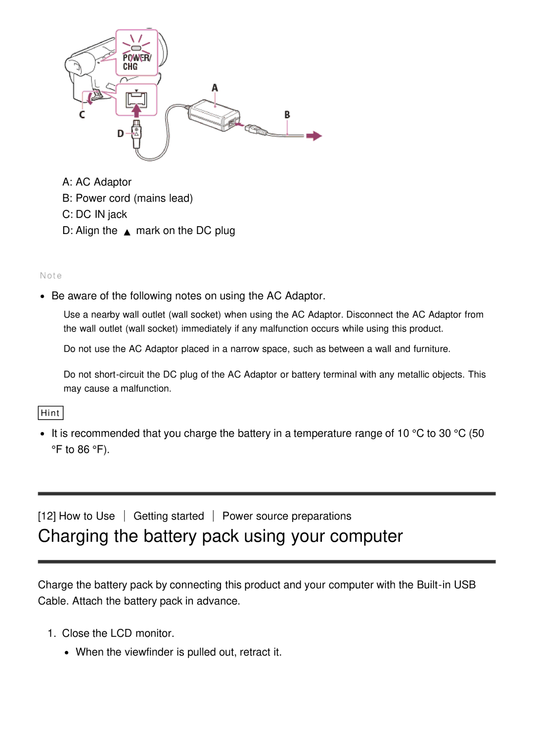 Sony FDR-AX100E, HDR-CX900E manual Charging the battery pack using your computer 