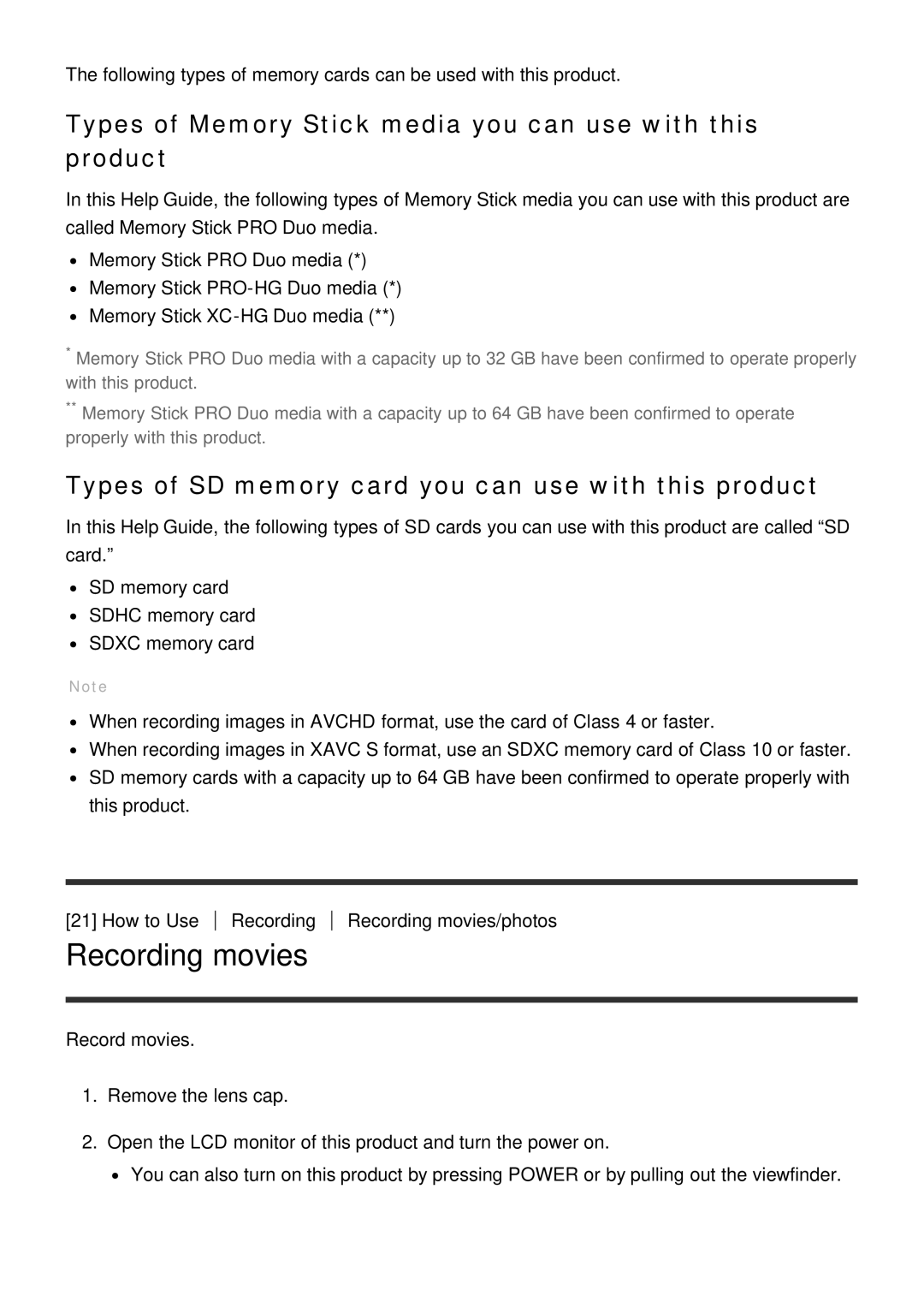 Sony HDR-CX900E, FDR-AX100E manual Recording movies, Types of Memory Stick media you can use with this product 