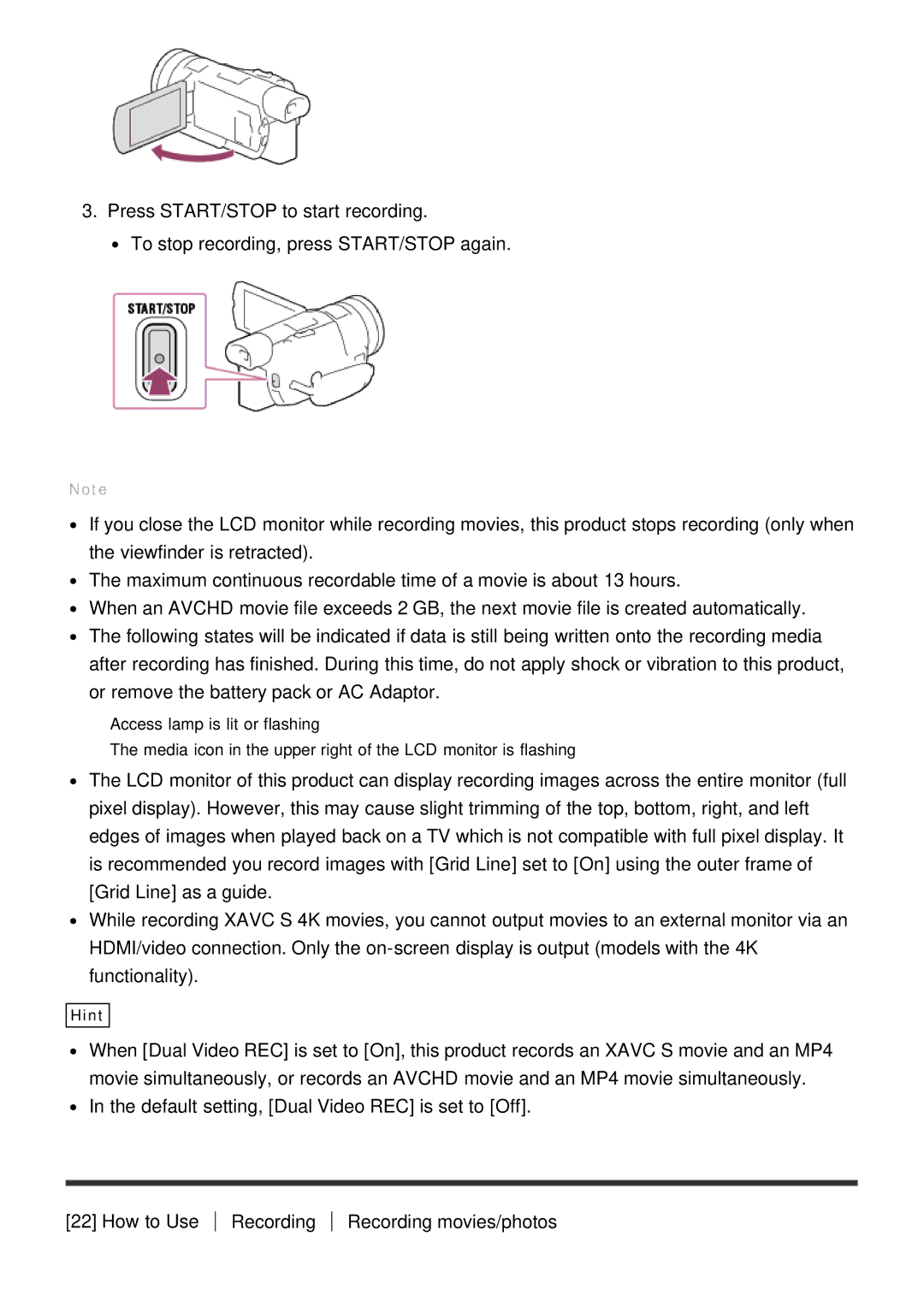 Sony FDR-AX100E, HDR-CX900E manual Hint 