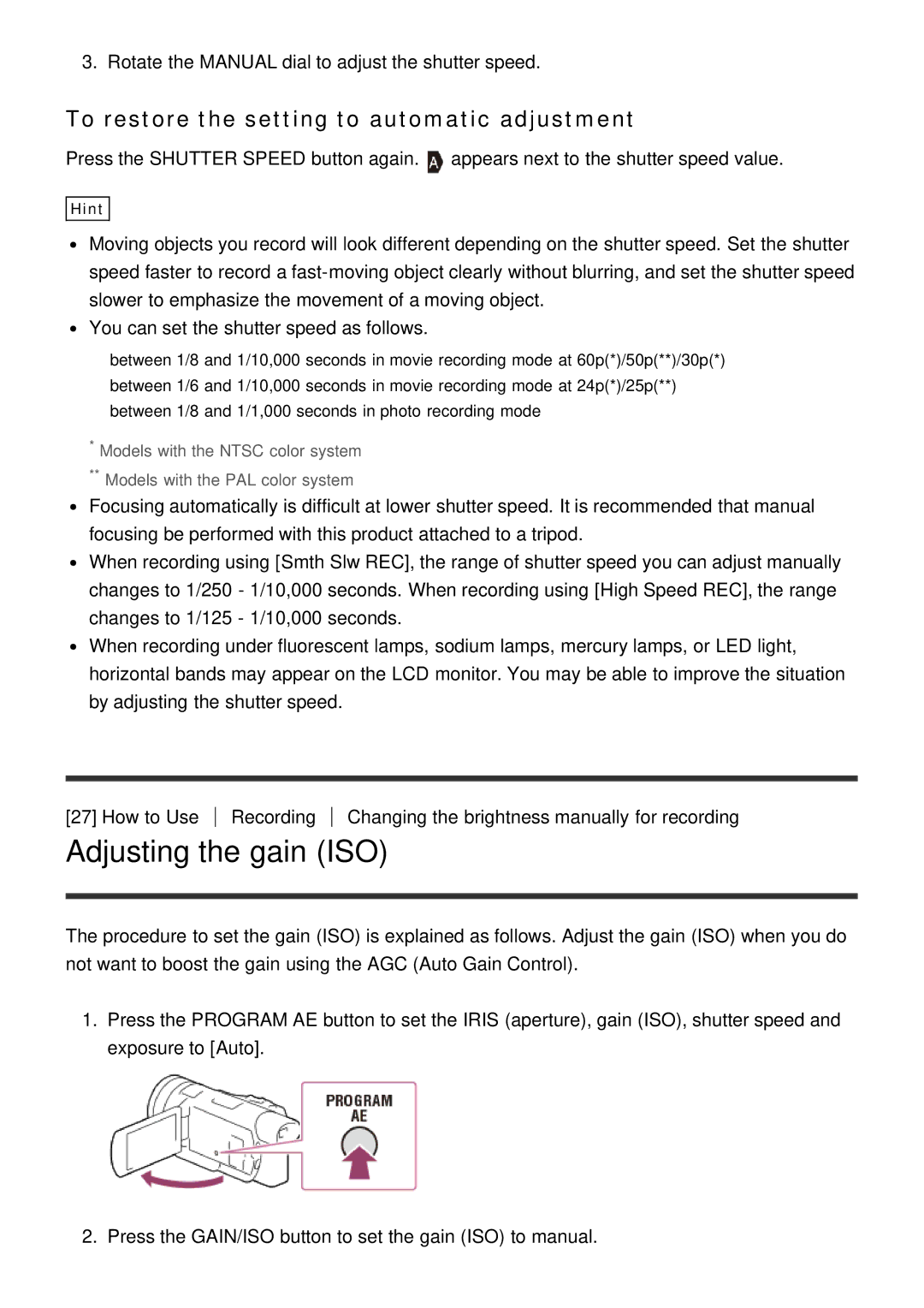 Sony HDR-CX900E, FDR-AX100E manual Adjusting the gain ISO 