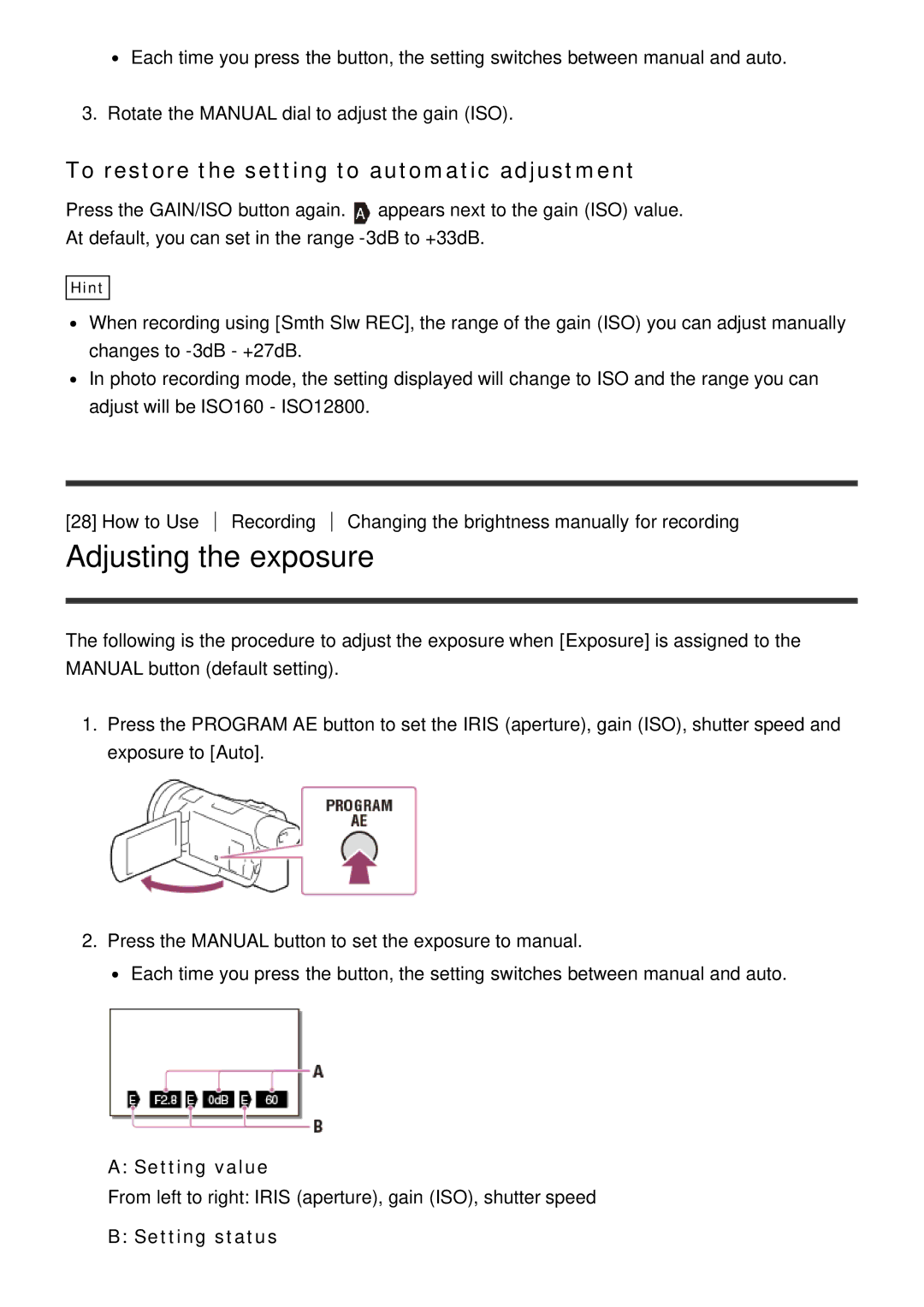 Sony HDR-CX900E, FDR-AX100E manual Adjusting the exposure, Setting value, Setting status 