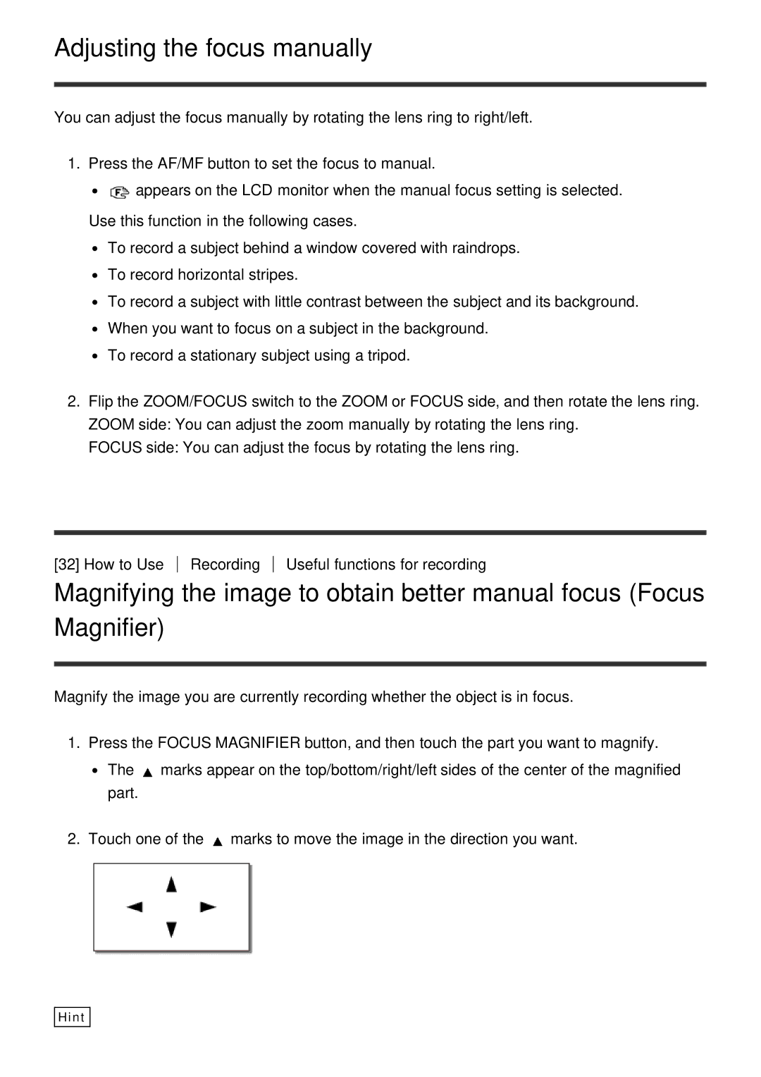 Sony HDR-CX900E, FDR-AX100E Adjusting the focus manually 