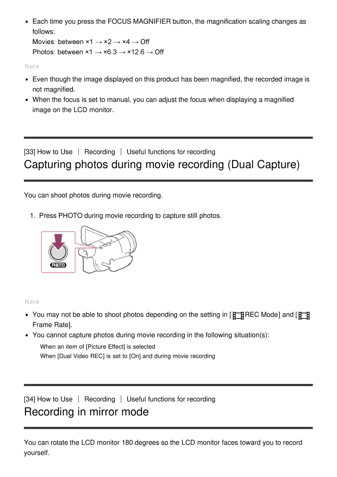 Sony HDR-CX900E, FDR-AX100E manual Capturing photos during movie recording Dual Capture, Recording in mirror mode 