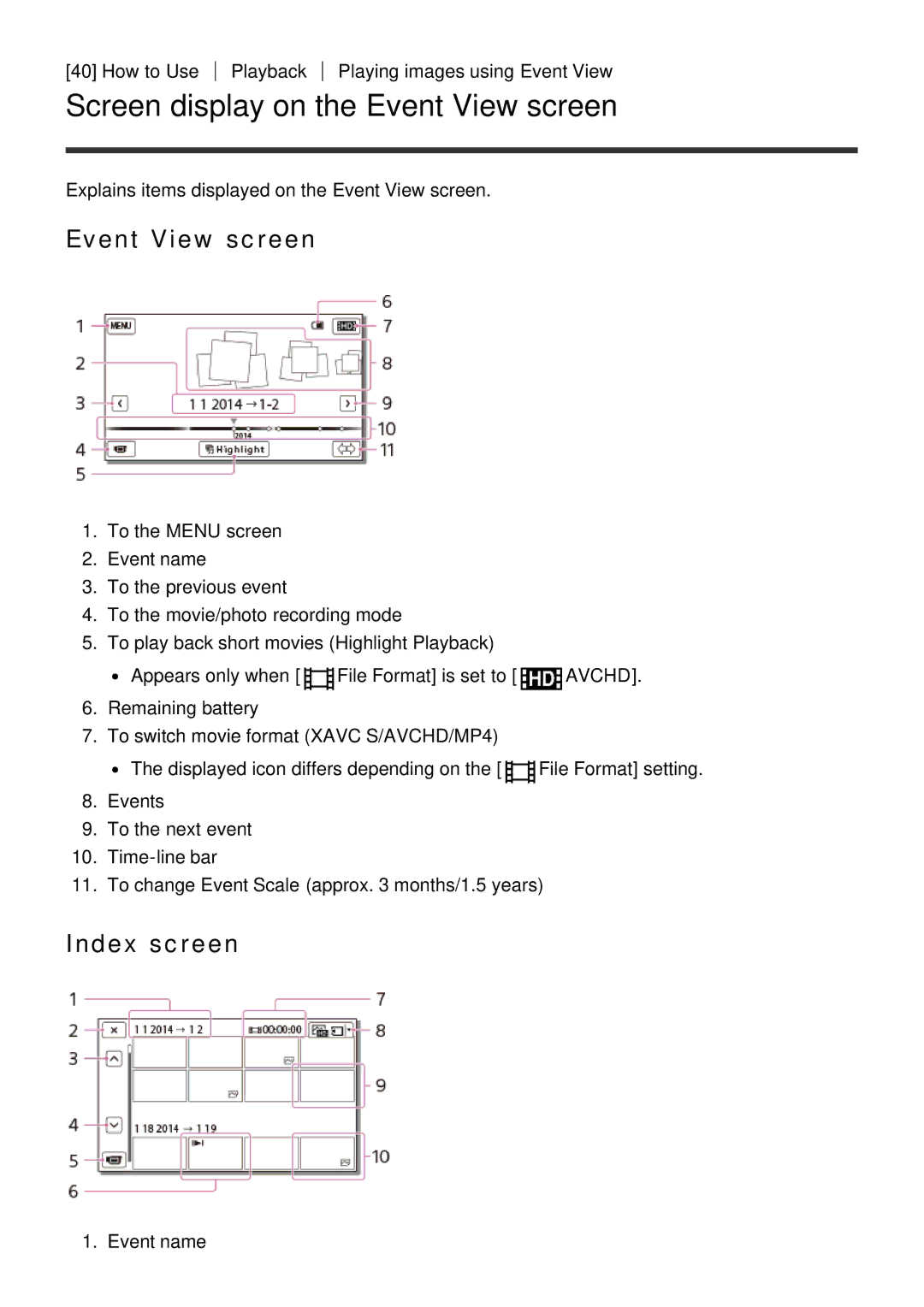 Sony FDR-AX100E, HDR-CX900E manual Screen display on the Event View screen, Index screen 