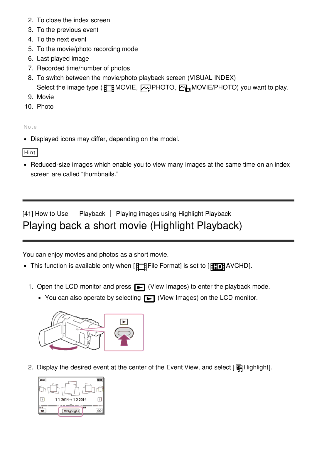 Sony HDR-CX900E, FDR-AX100E manual Playing back a short movie Highlight Playback 