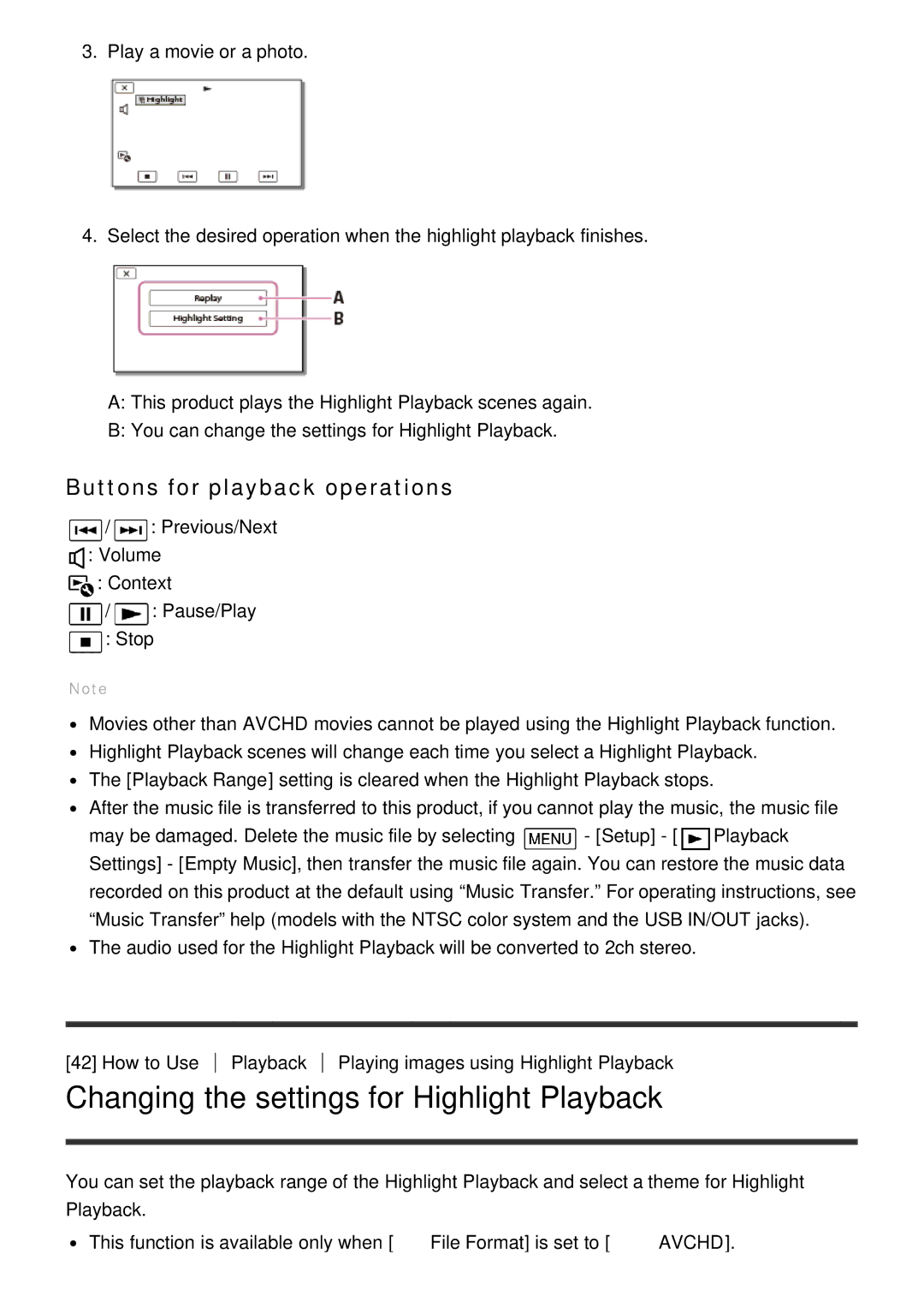 Sony HDR-CX900E, FDR-AX100E manual Changing the settings for Highlight Playback, Buttons for playback operations 