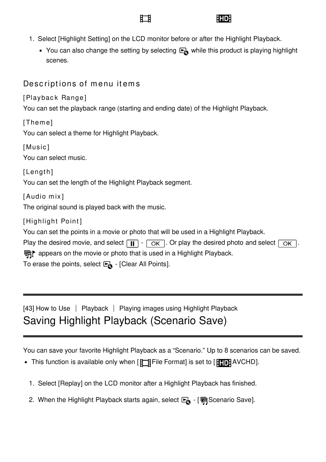 Sony HDR-CX900E, FDR-AX100E manual Saving Highlight Playback Scenario Save, Descriptions of menu items 