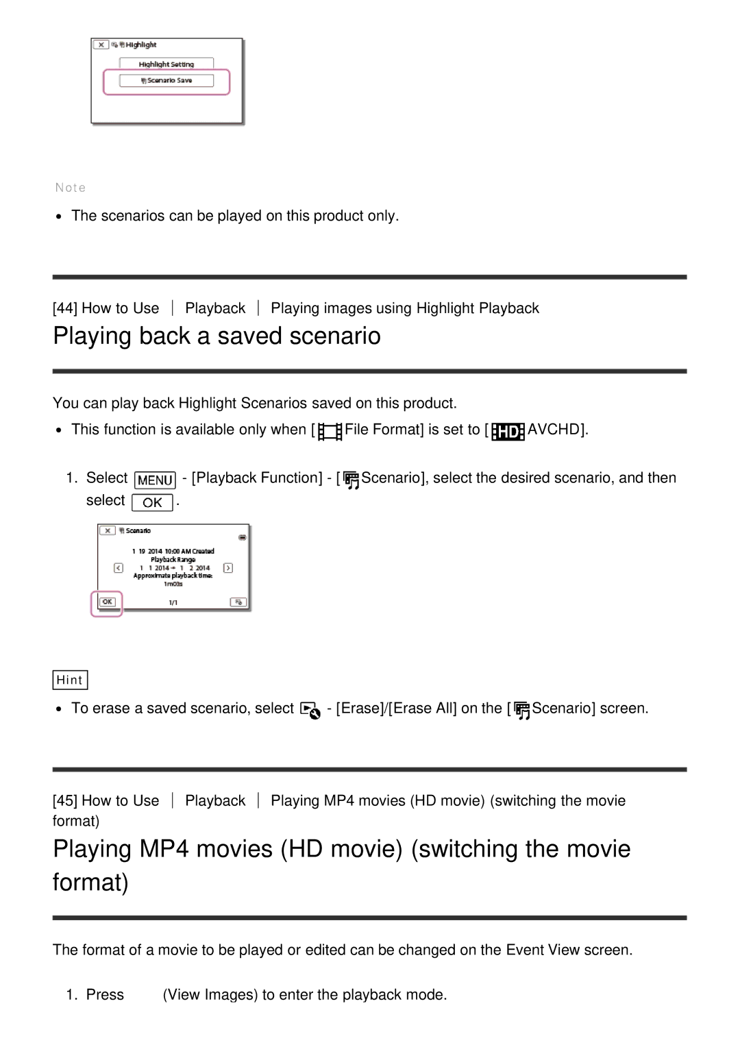 Sony FDR-AX100E, HDR-CX900 manual Playing back a saved scenario, Playing MP4 movies HD movie switching the movie format 