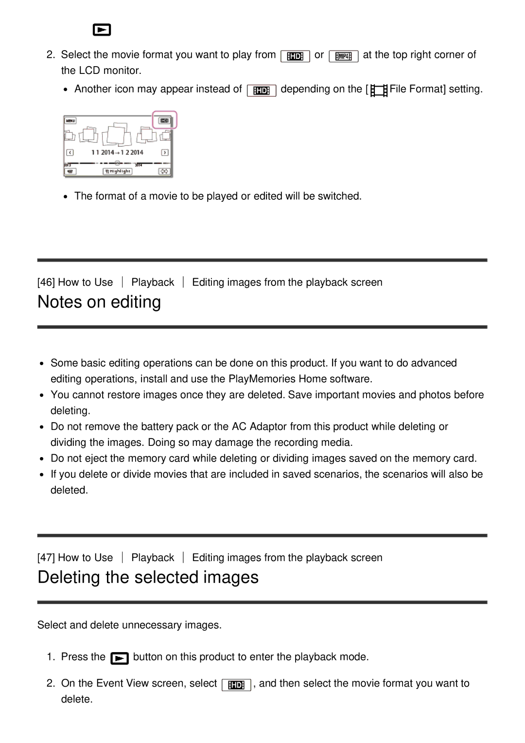 Sony HDR-CX900E, FDR-AX100E manual Deleting the selected images 