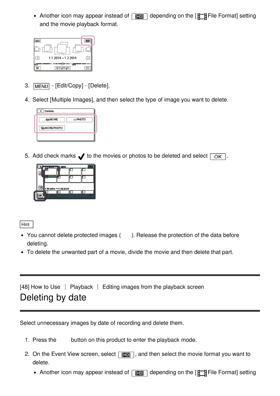 Sony HDR-CX900E, FDR-AX100E manual Deleting by date 